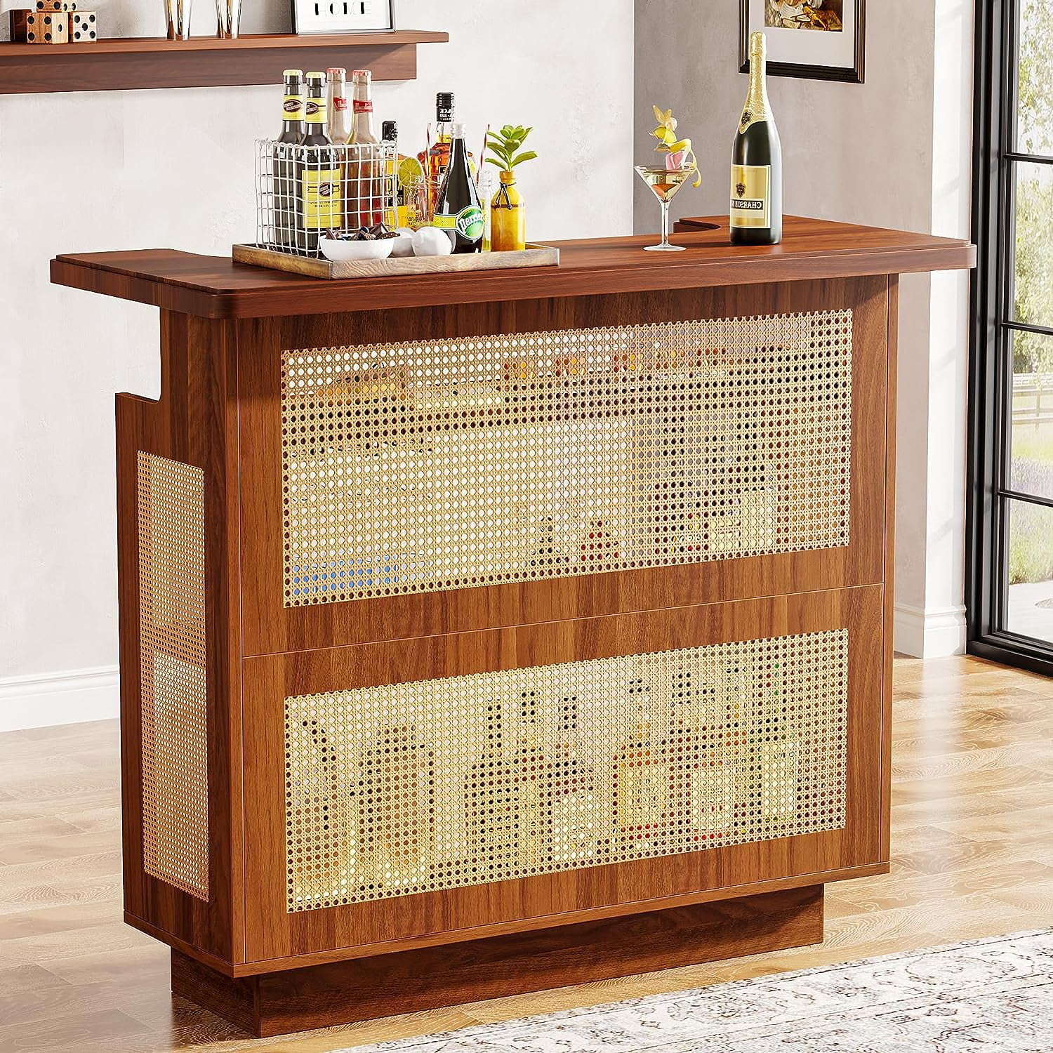 Tribesigns Rattan Home Bar Unit, Farmhouse 4-Tier Bar Table with 4 Stemware Racks and Heightened Base