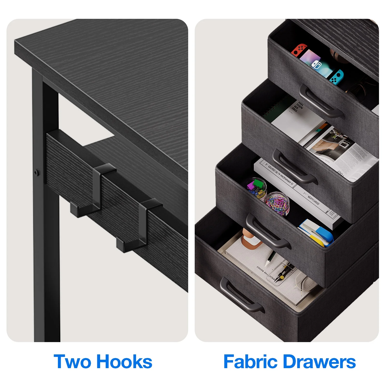 Reversible Modern Simple Style L Shaped Desk with Charging Station and Drawers, Pure Black