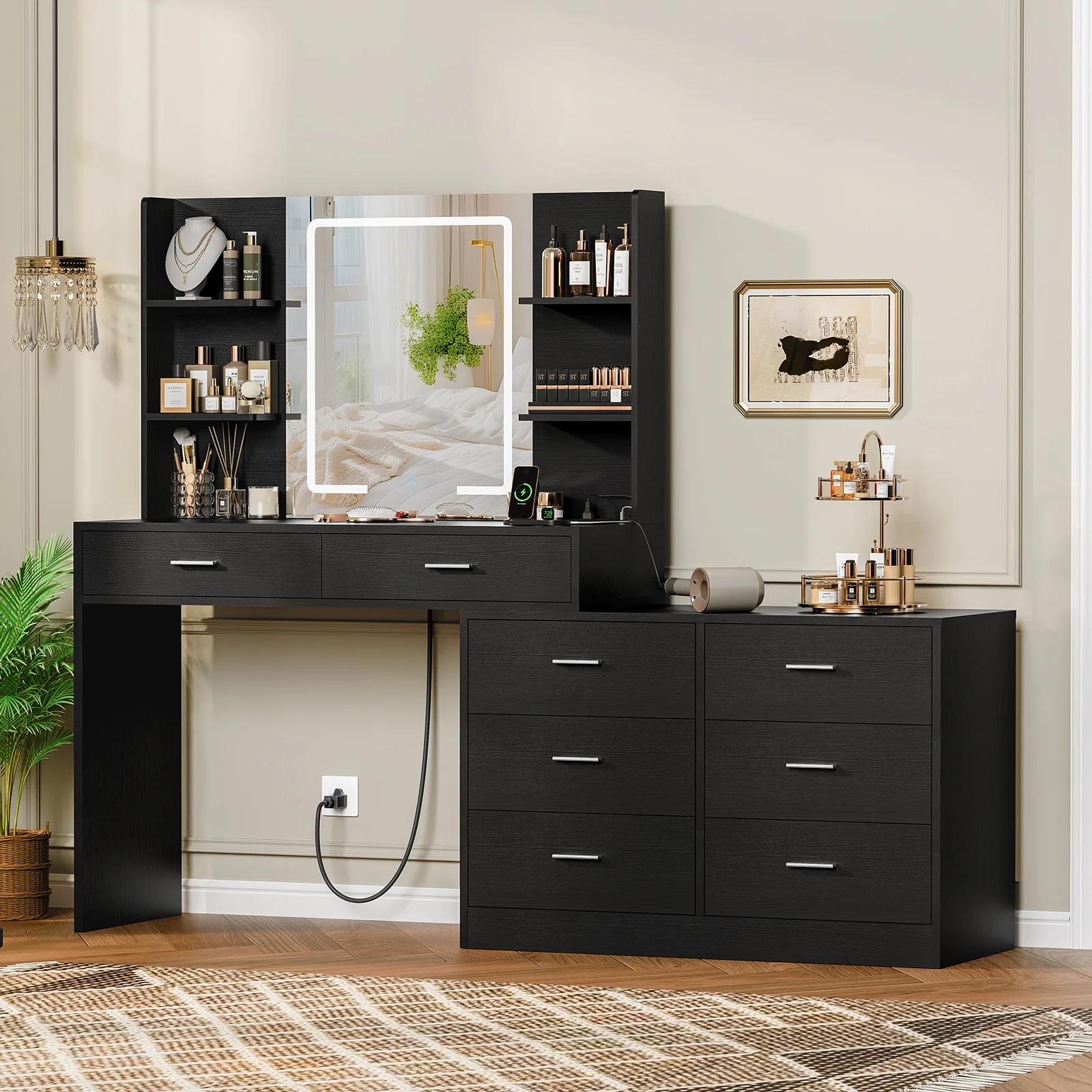 Vanity Makeup Desk with LED Light Mirror & Power Outlet, 8 Drawers, 6 Storage Shelves, 3 Color Modes & Adjustable Brightness Dressing Table, Corner Vanity, L Shape Change, 39.4Desk, Black
