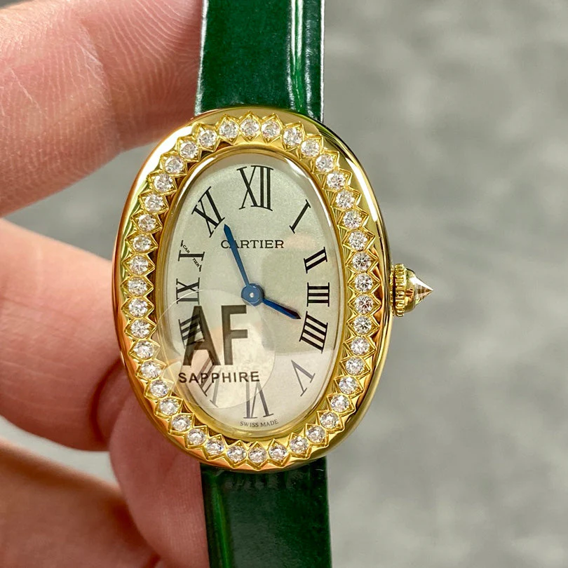 Cartier Watch Baignoire Gold Case Green Leather Strap