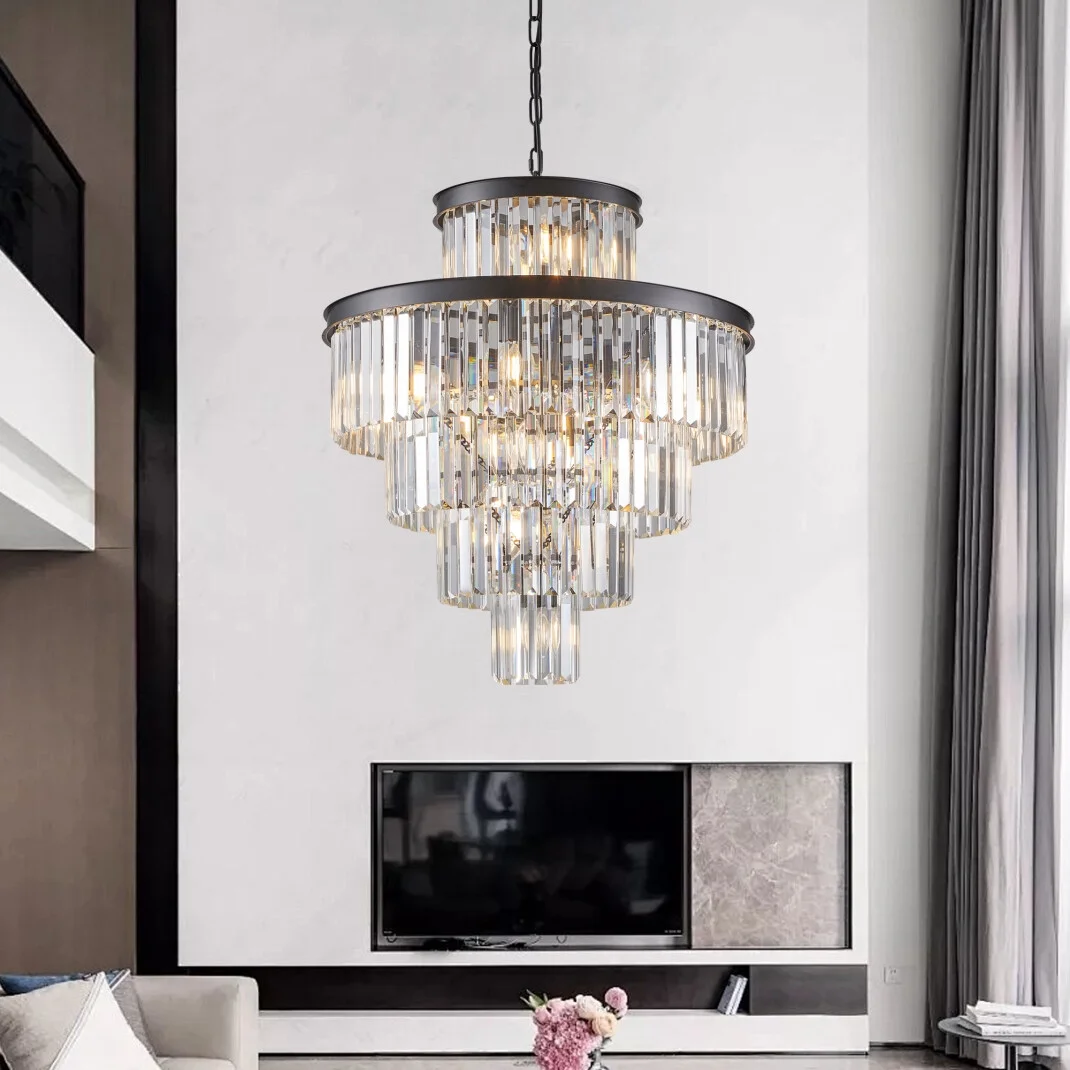 24" Luxury Black Crystal Chandelier - 15-Light 5-Tier Pendant with Elegant Design for Living Room, Dining Room & Entryway (Bulb Not Included)