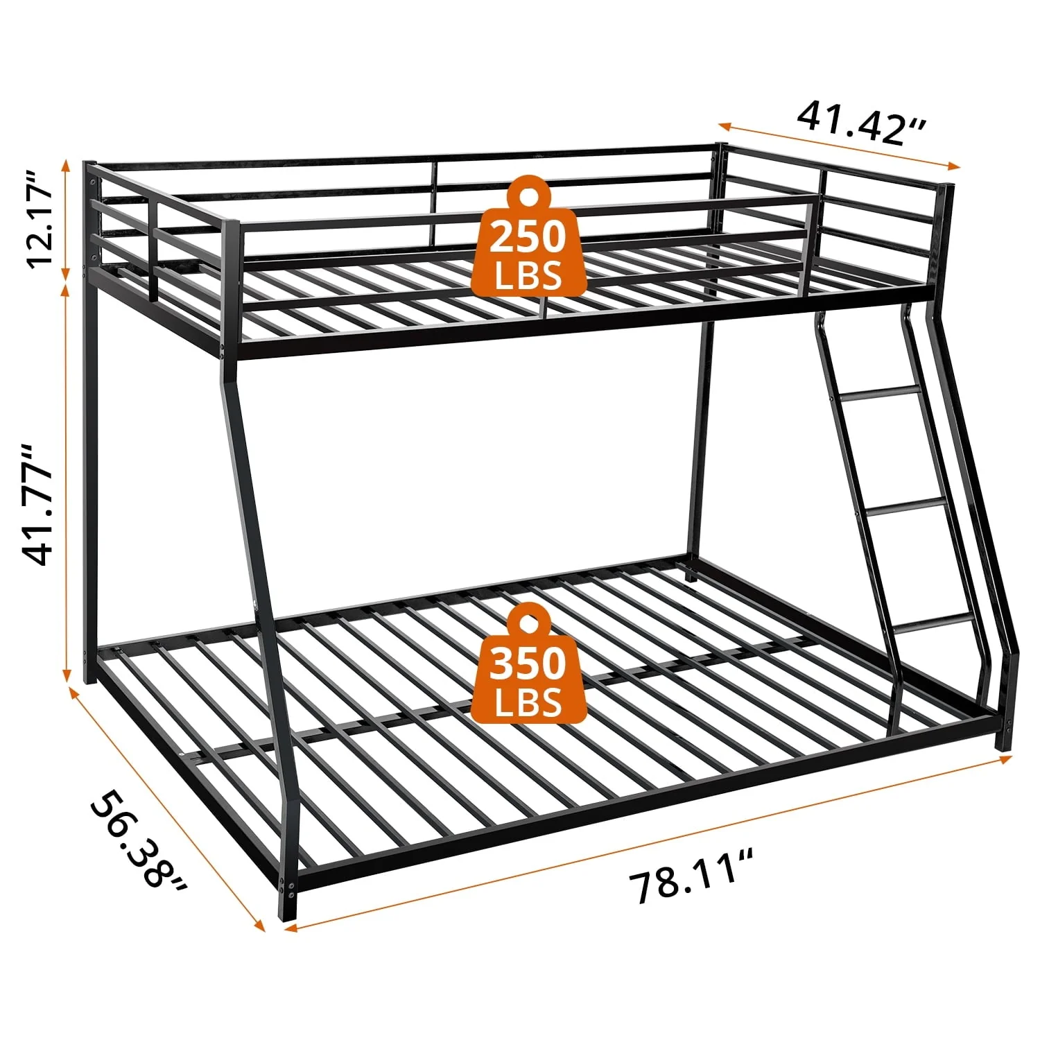 Twin over Full Bunk Bed, Metal Bunk Bed Frame, Noise Free Floor Bunk Beds with Guardrails & Ladder for Kids Teens Adults, No Box Spring Needed, Black