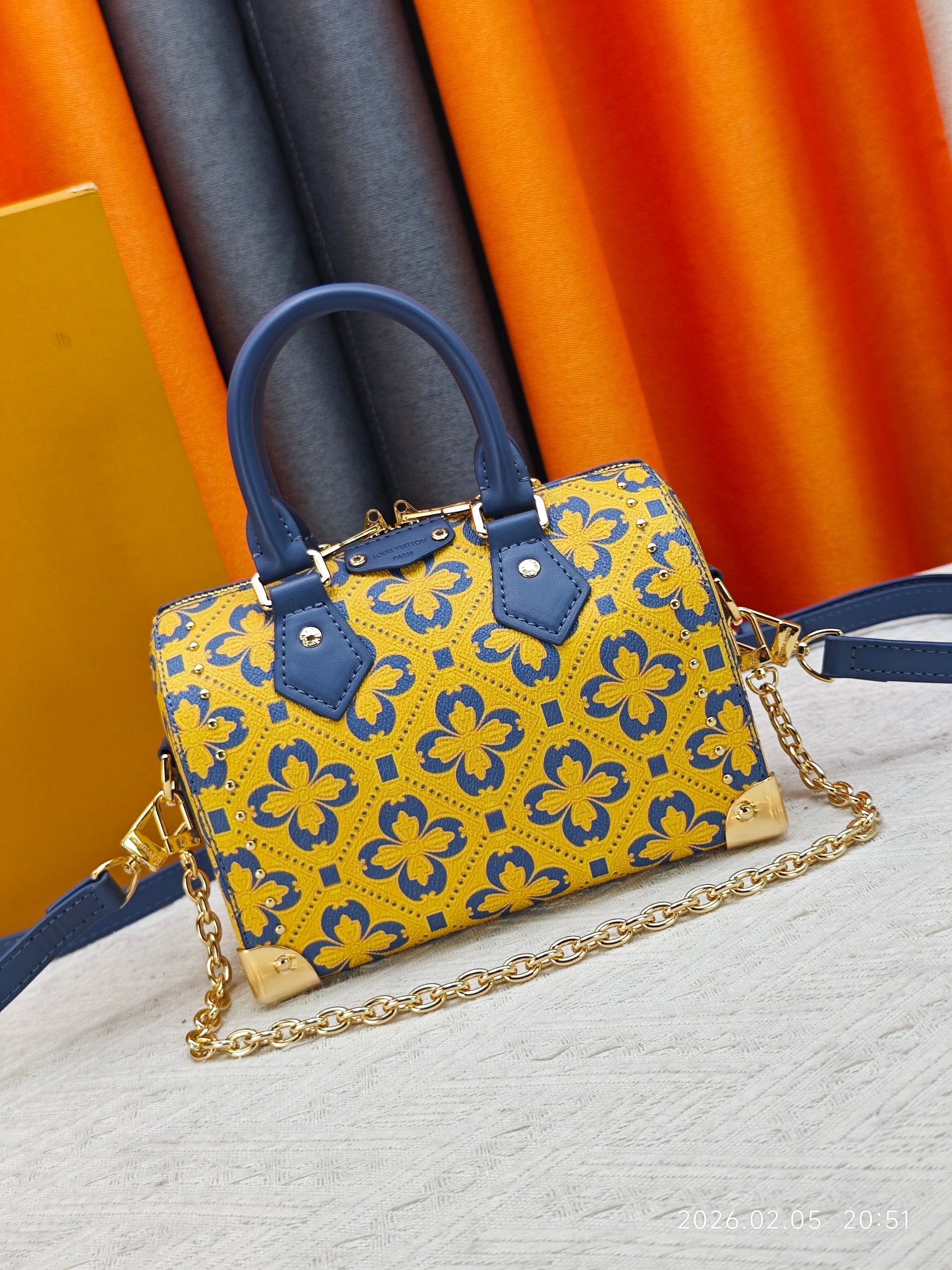LV Speedy 20/26 Trunk Monogram Heritage Yellow Blue Leather Studded Boston Top Handle Bag