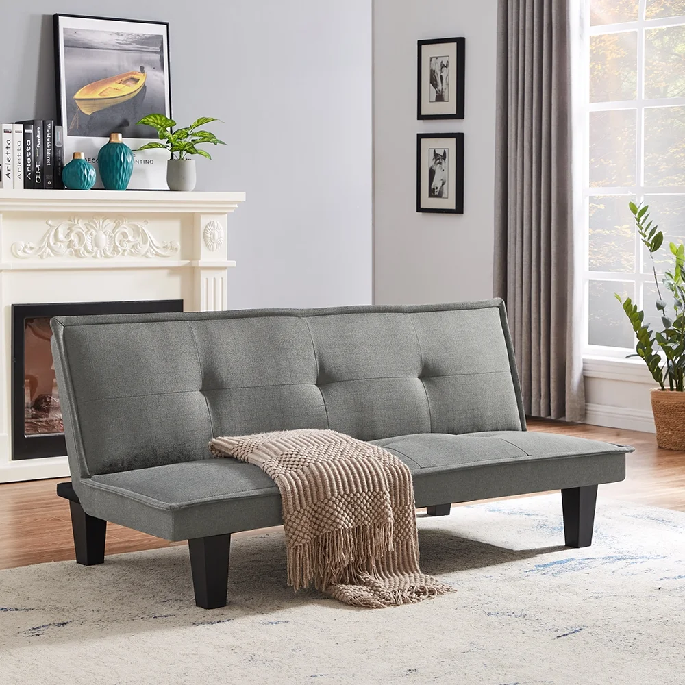 Modern Fabric Futon Sofa Bed , Convertible Folding Futon Sofa Bed Sleeper for Home Living Room .Light Grey