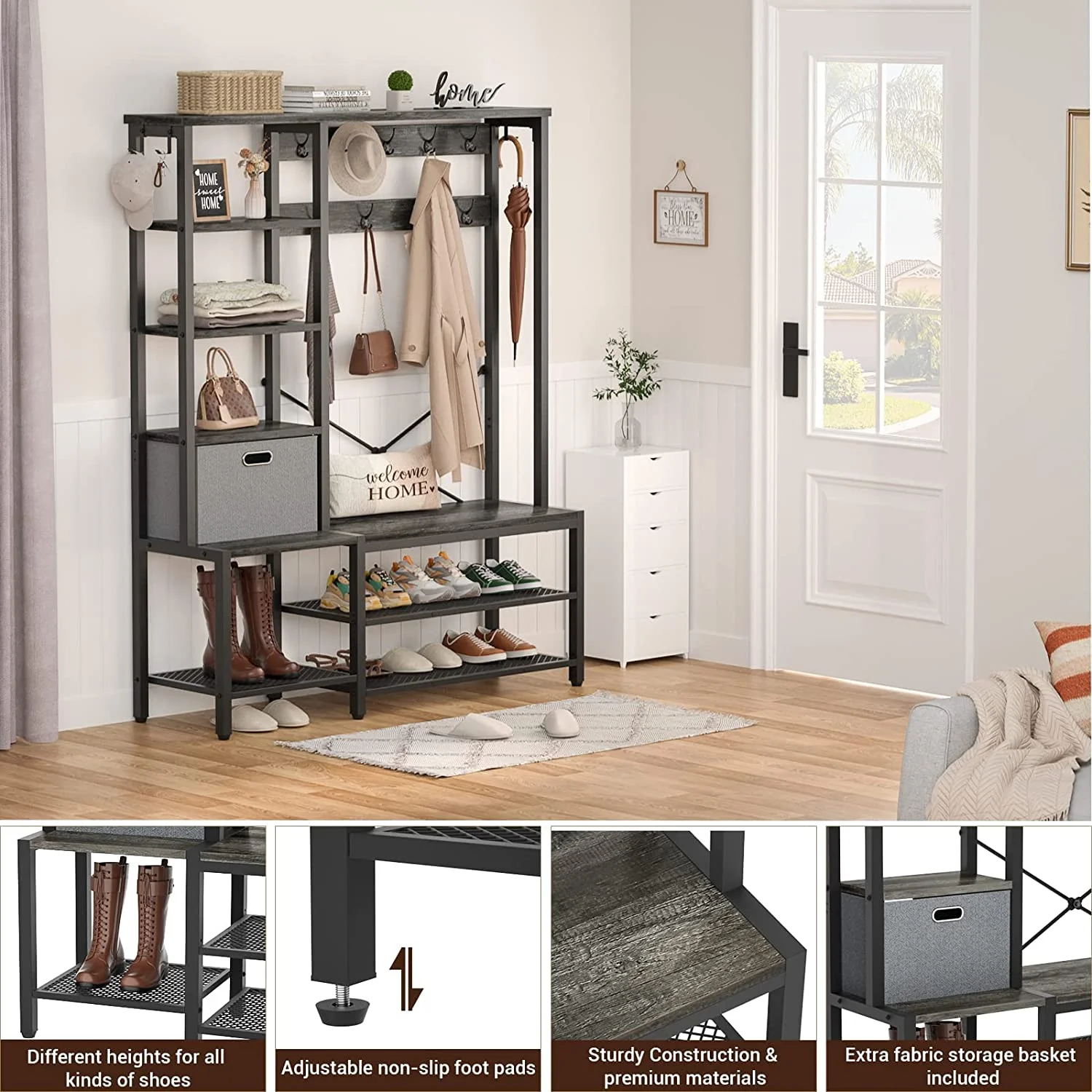 Homieasy Hall Tree with Bench, 71’�?Coat Rack with Shoe Storage, 5 in 1 Large Entryway Bench with 5-Tier Shelves, Fabric Storage Basket, Side hooks, Black Oak