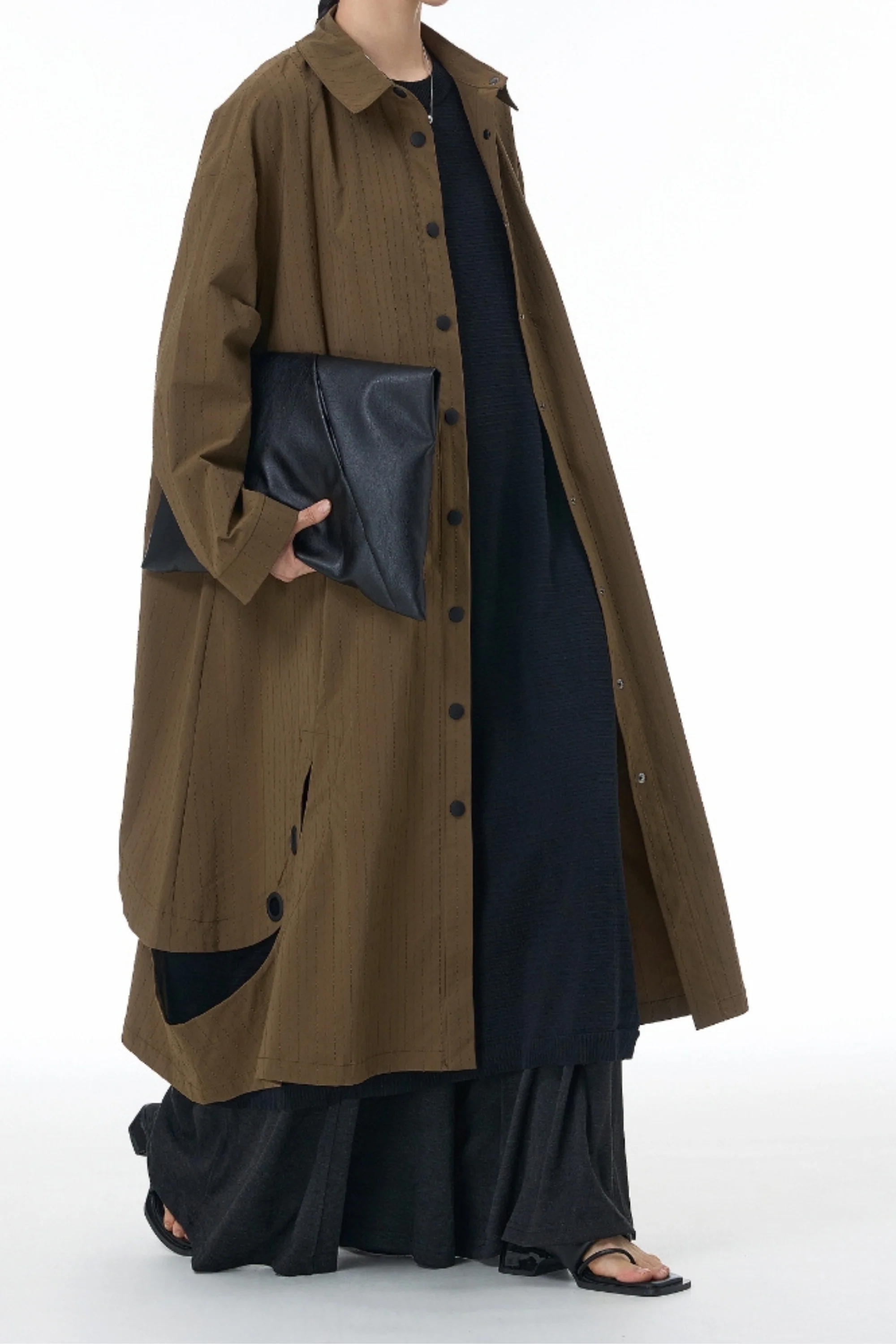 Brown Textured Eyelet Streetwear Trench Coat