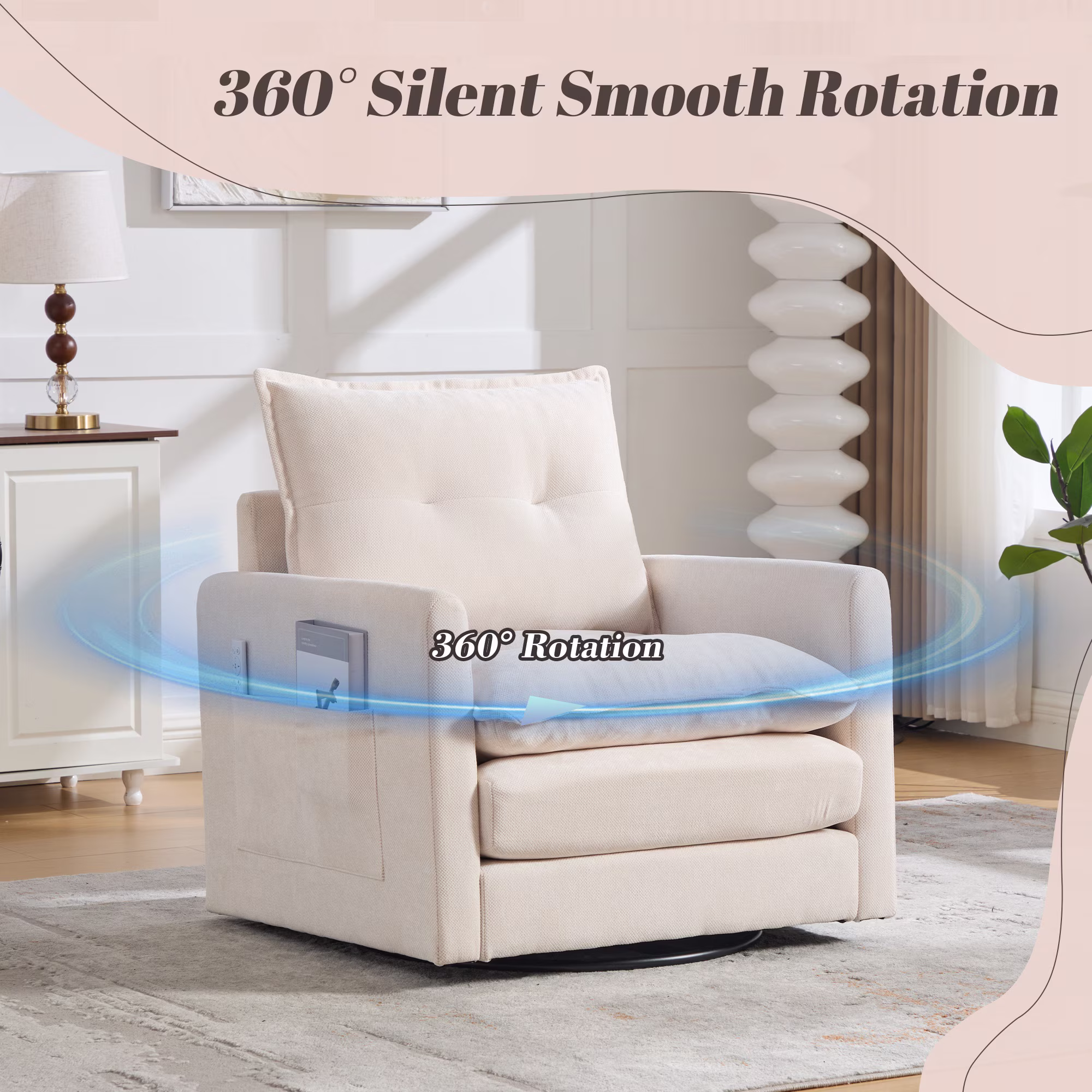 360°Swivel Accent Chair, Upholstered 28''W Oversized Armchair, PAPROOS Barrel Chair Reading Armchair with Side Pockets & Cushion, Modern Accent Chair with Metal Base for Living Room Bedroom,Beige