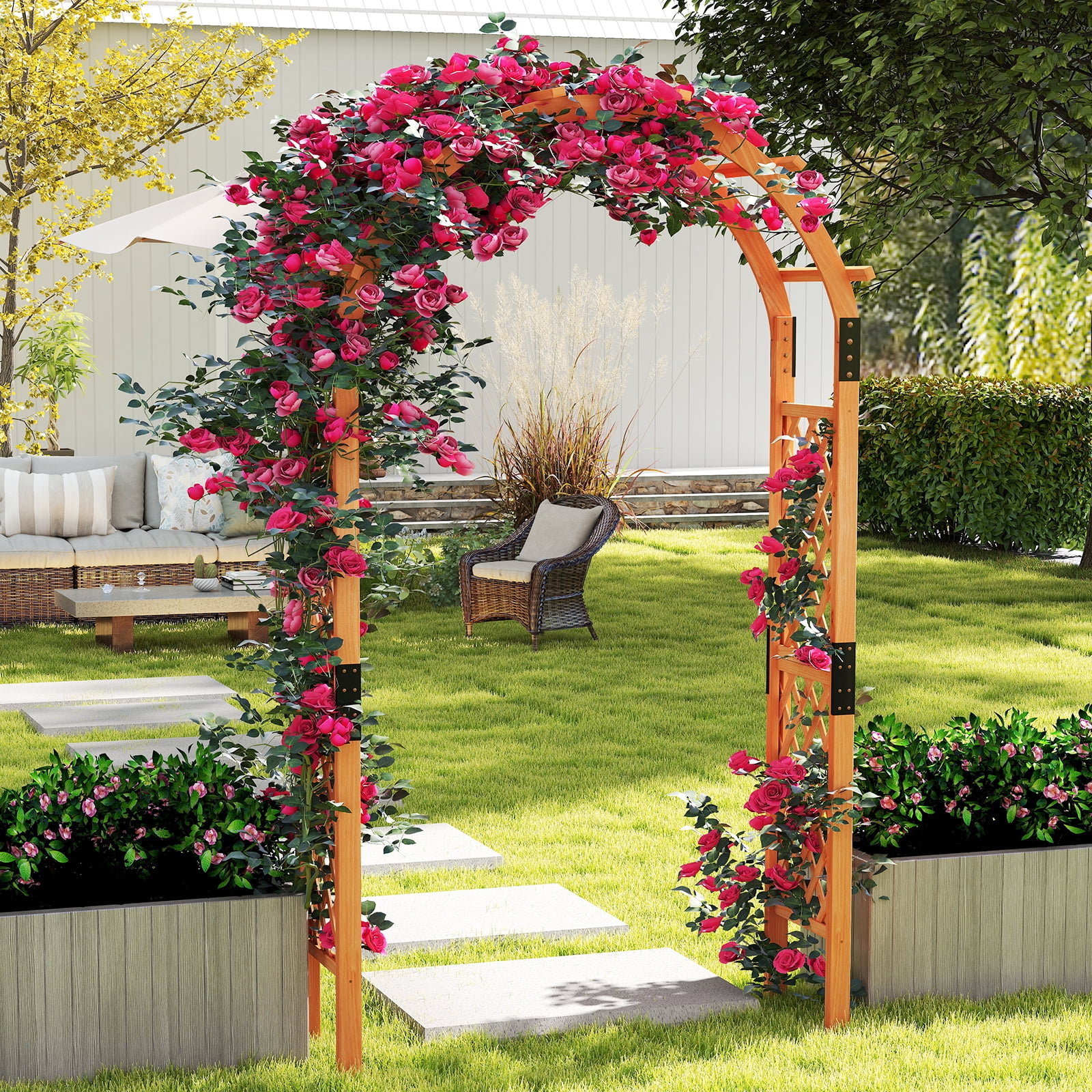 Gymax 7.7 FT Garden Arch Wooden Arbor Outdoor Wood Trellis for Climbing Plants