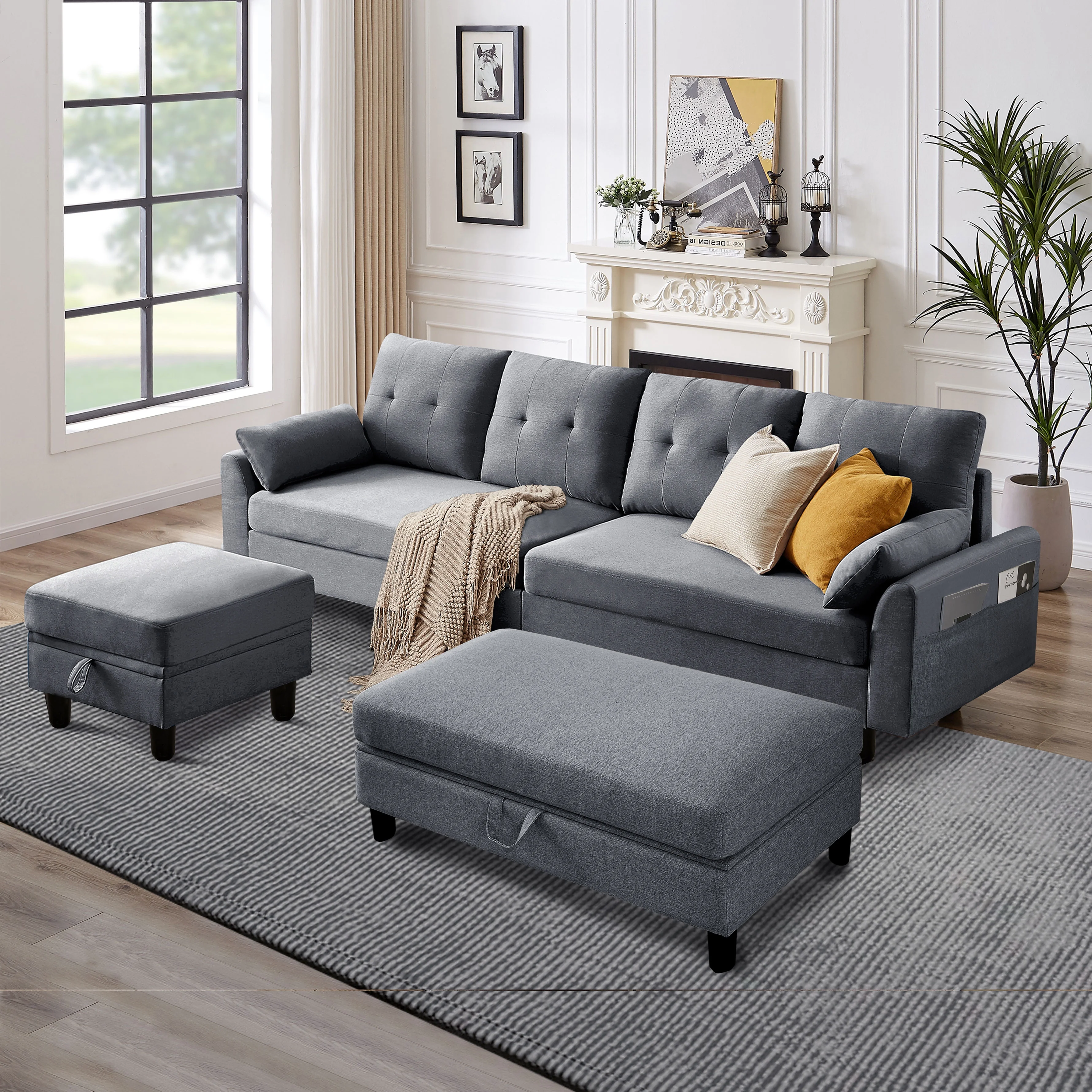 Soscana Sectional Sofa with 2 Storage Ottoman,4 Seat L Shaped Couch with Coffee Table Ottoman,Modern Linen Sofa Couch with Footstool and Side Pocket for Living Room,Apartment,Office,Studio,Light Gray