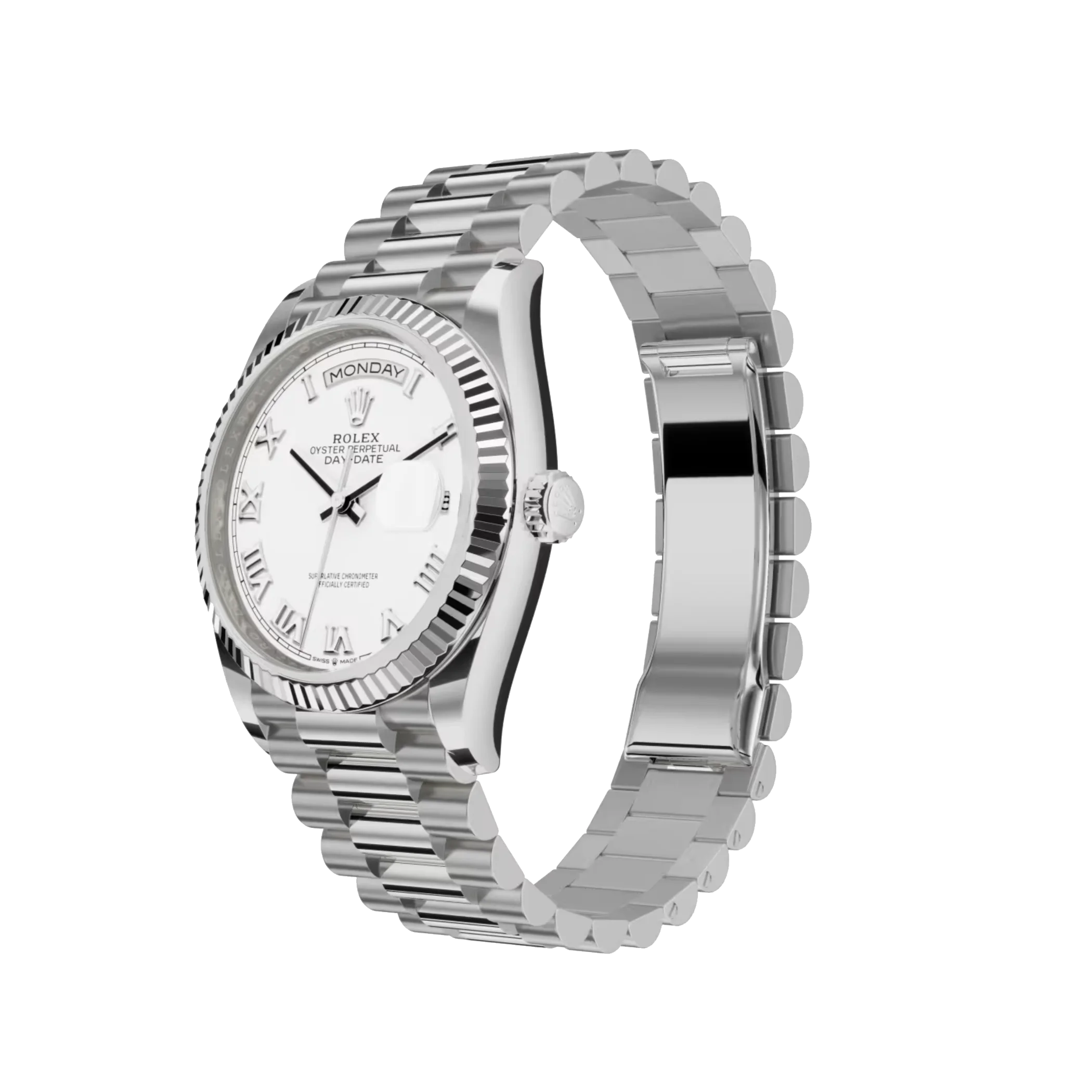 Rolex Day-Date: White gold, white dial, fluted bezel, President bracelet, m128239-0038