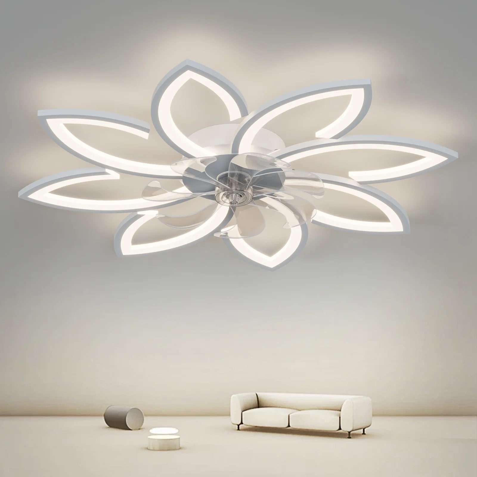 Eowynic 36-inch Modern Flush Mount Ceiling Fan with Lights Fandelier, 3 Color Led Light, 6-Speed