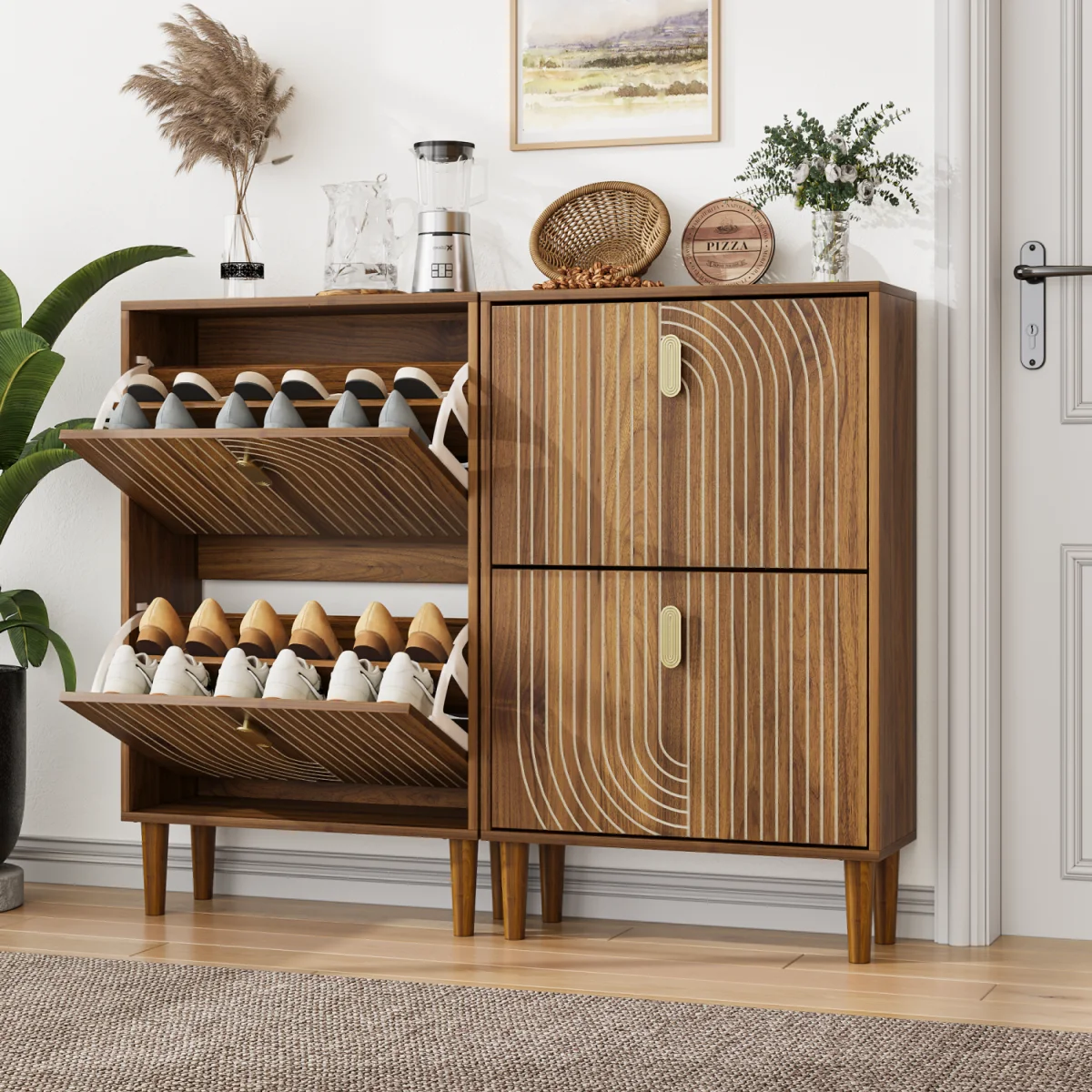 Hommoo 2 Flip Drawers Shoe Storage Cabinet, Freestanding Shoe Cabinet with Metal Handles & line groove design, Shoe Rack Cabinet, Walnut