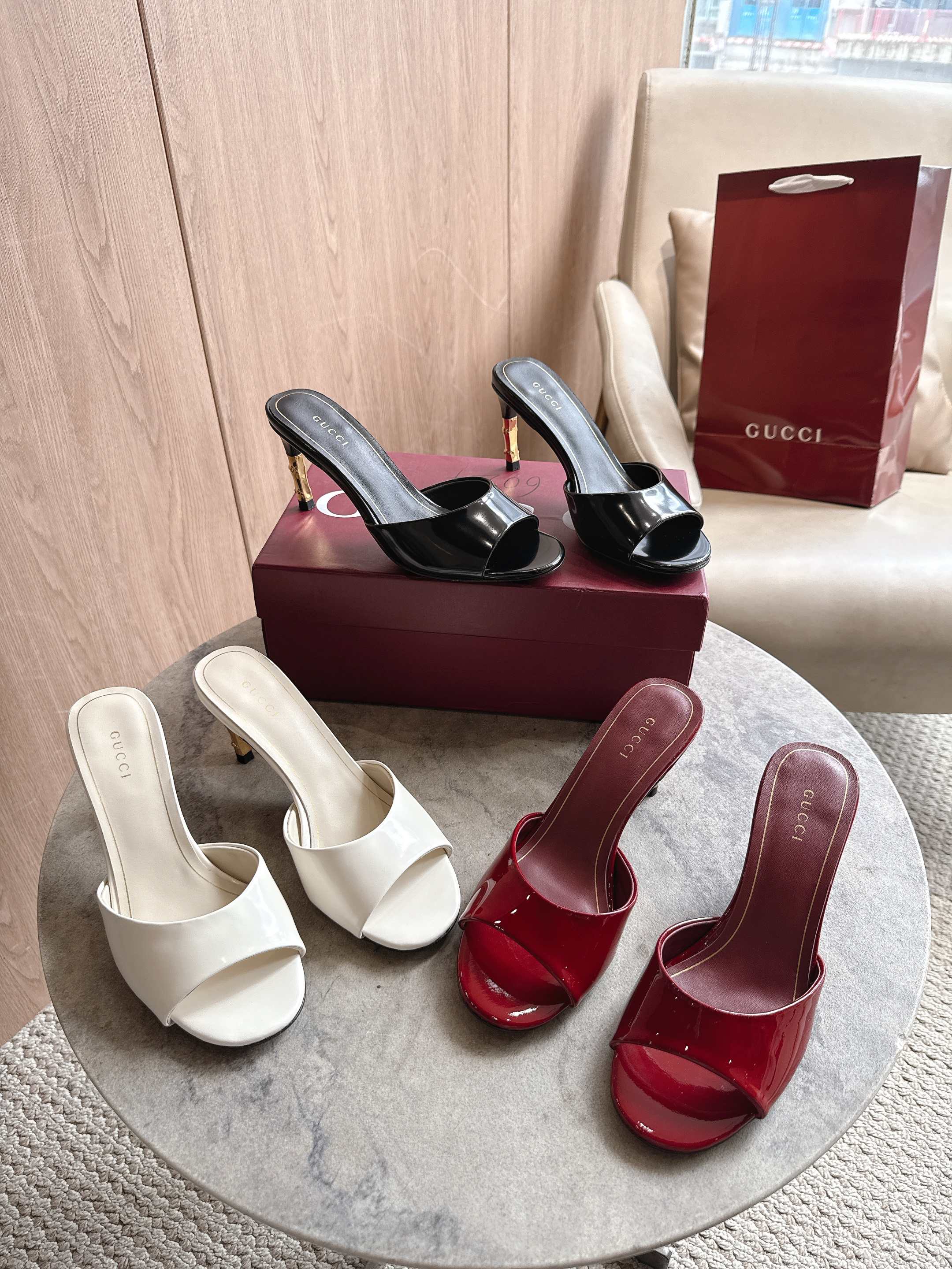 Gucci Patent Leather Bamboo Heel Open Toe Slide Sandals