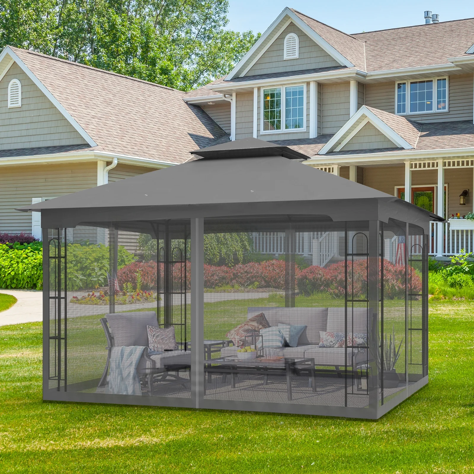 EAGLE PEAK 13 ft. W x 11 ft. D Double Roof Outdoor Patio Gazebo with Mosquito Net,Gray