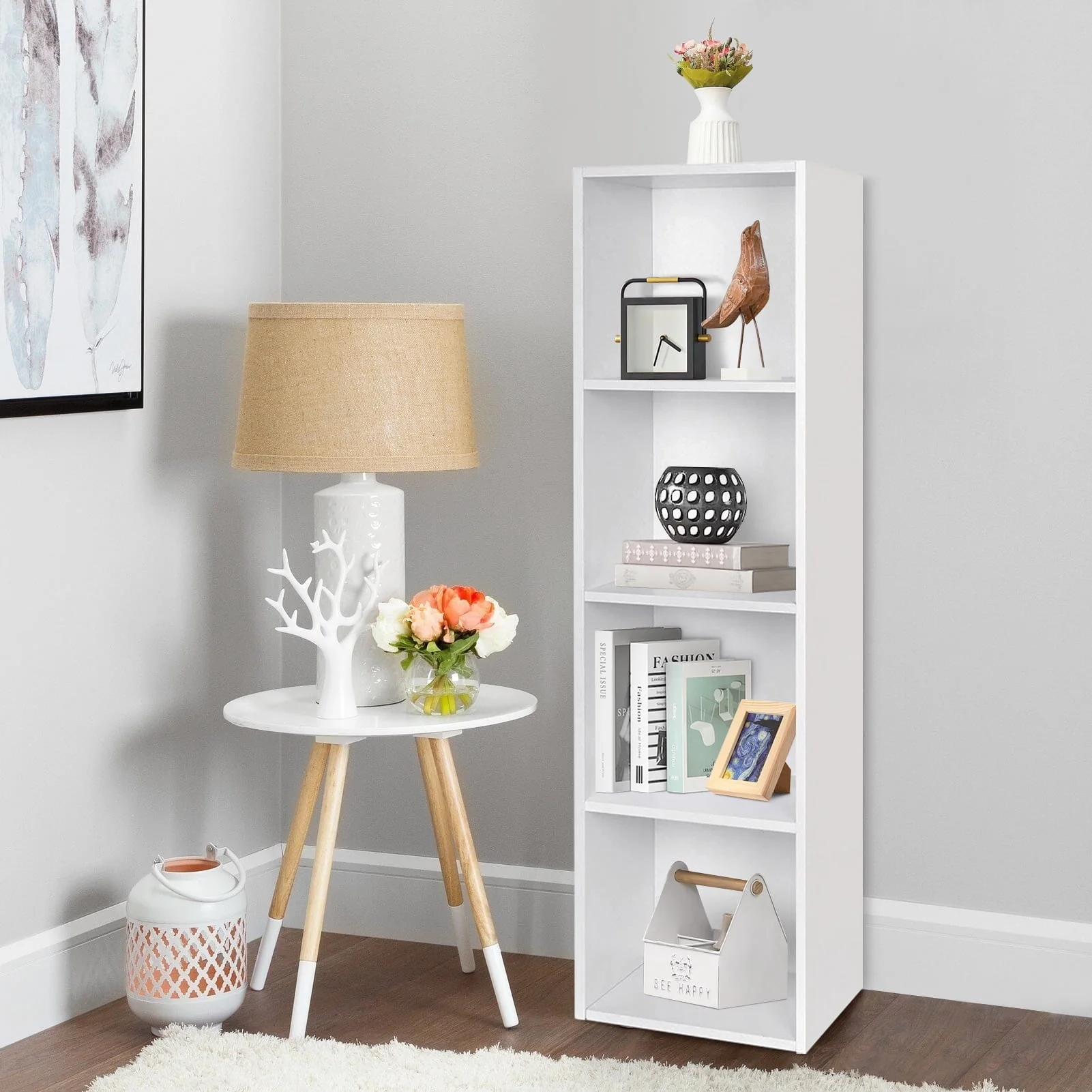 Wooden Bookcase, 4 Shelf Narrow Bookcase Stand Cube Storage Unit Bookshelf CD Display Shelving Unit combination, Pure White