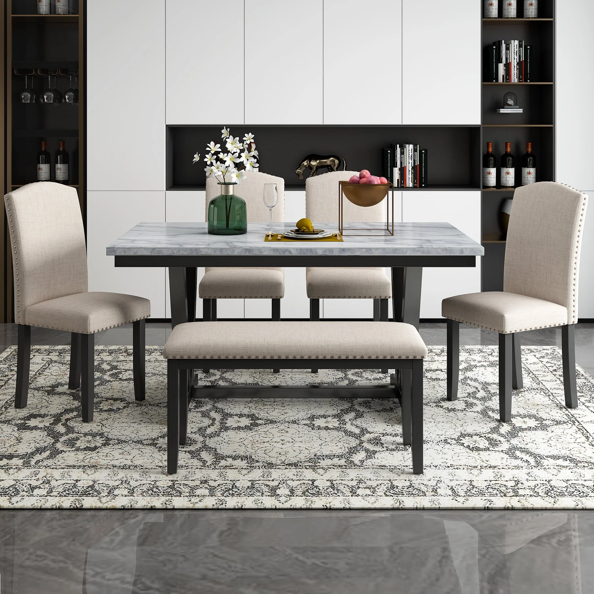 EUROCO 6 Piece Kitchen Dining Table and Chair Set,60” Dining Room Table Set with Marbled Veneers Tabletop,V-shaped Table Legs,4 Fabric Chairs and 1 Fabric Bench,Rectangle Dining Table Set for 6