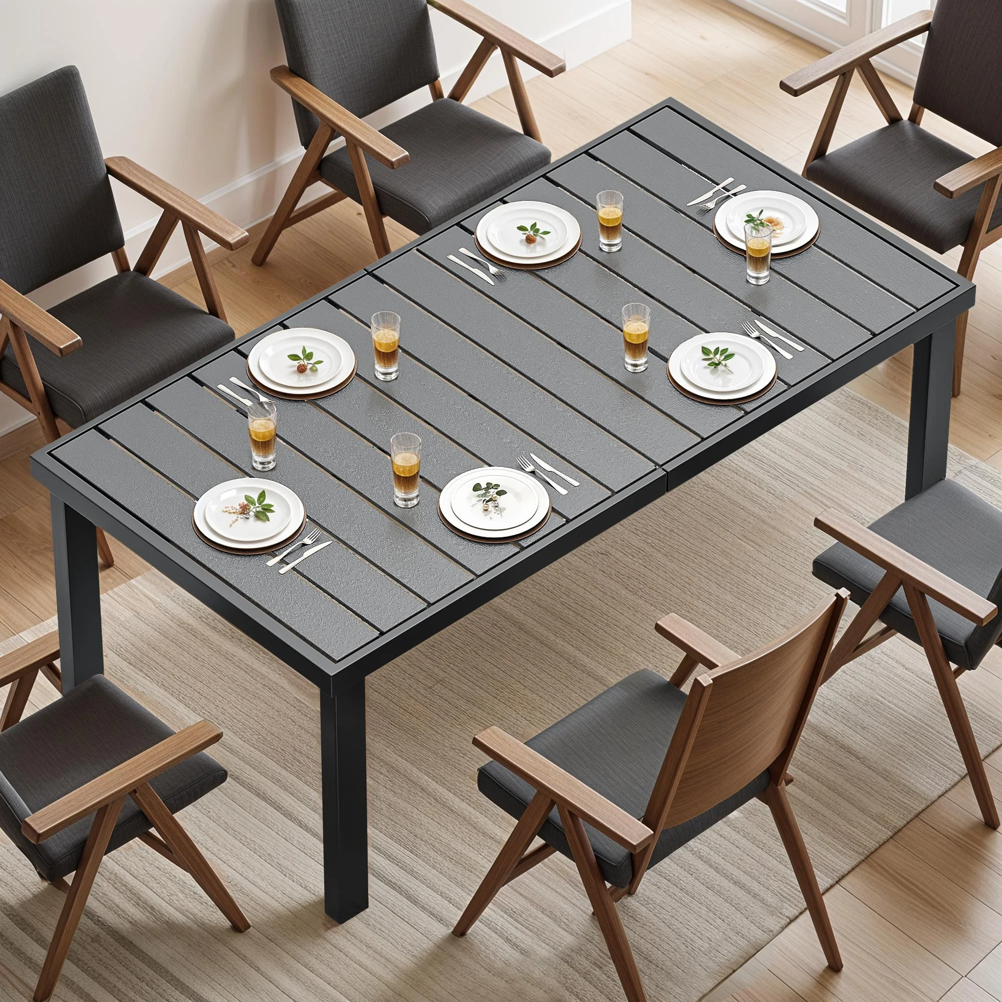 ModFusion 6-Person Aluminum Patio Dining Table with Composite Wood Slat Top, Weather-Resistant Outdoor Table for Garden, Porch & Backyard ?Black