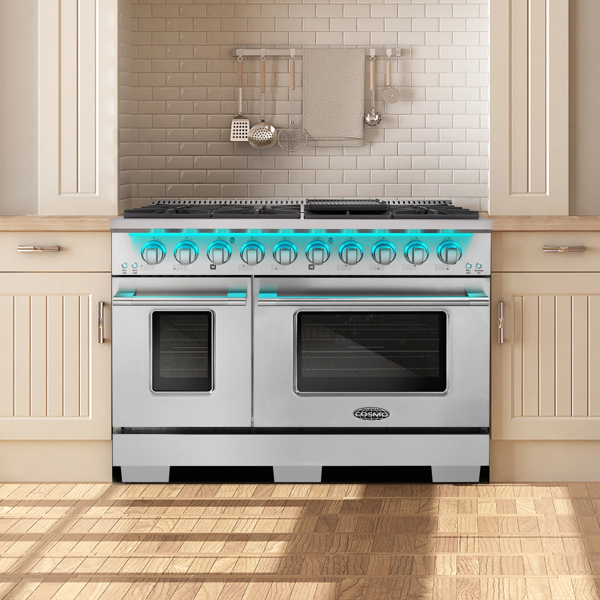 Cosmo 48 in. Lumin Collection 5.5 cu. ft. Double Oven Dual Fuel Range with 8 Burners, Cast Iron Grates in Stainless Steel