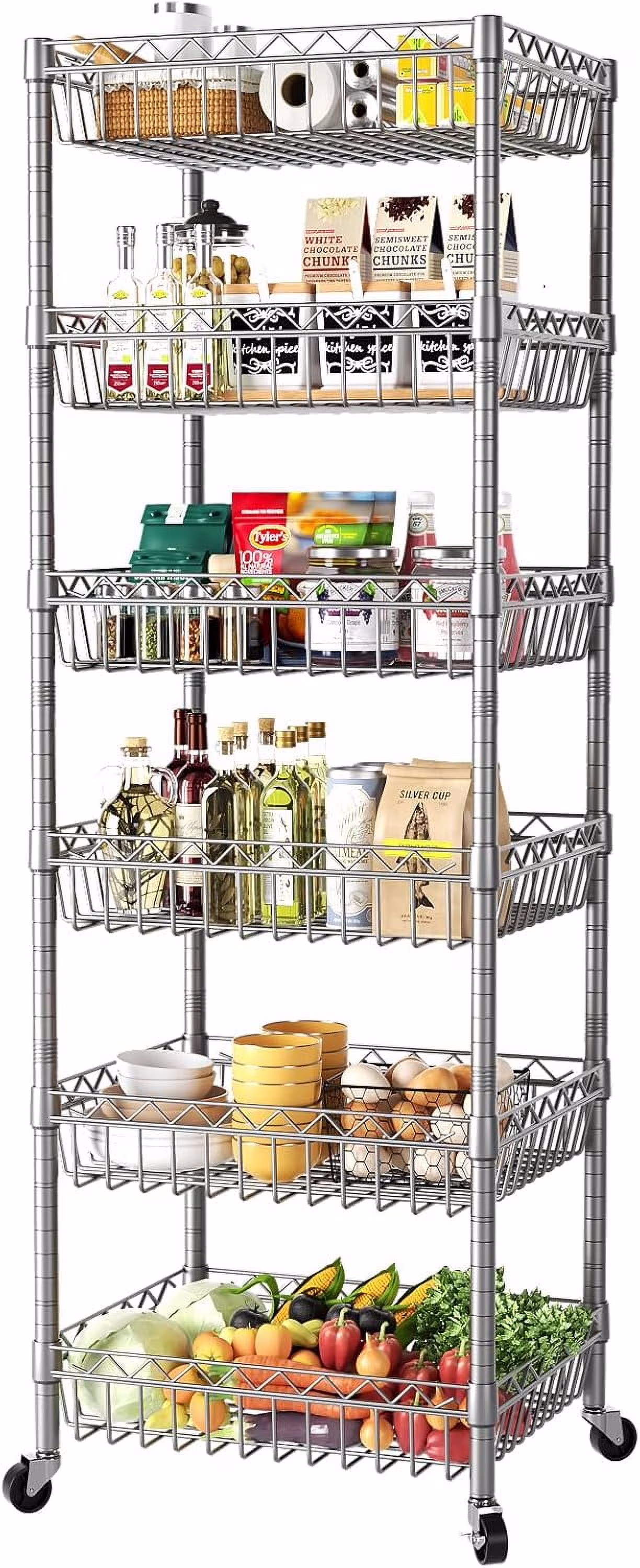 6 Tier Wire Shelving Unit with Wheels Baskets Storage Rack Corner Shelves Adjustable Shelf Closet Bathroom Organizers Metal Pantry Kitchen Garage Laundry Room 13.5" D x 13.5" W x 63" H Silver