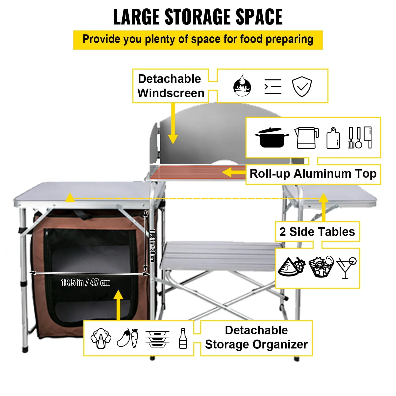 Camping Kitchen Station, Aluminum Portable Folding Camp Cook Table with Windshield, Storage Organizer and 4 Adjustable Feet, Quick Installation for Outdoor Picnic Beach Party Cooking, Brown