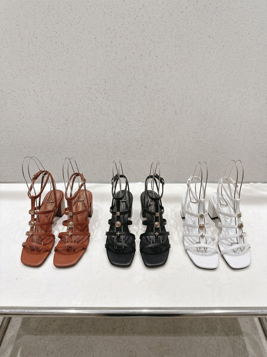 LV Monogram Rivet Multi Strap Ankle Buckle Leather Square Open Toe Block Heels Sandals