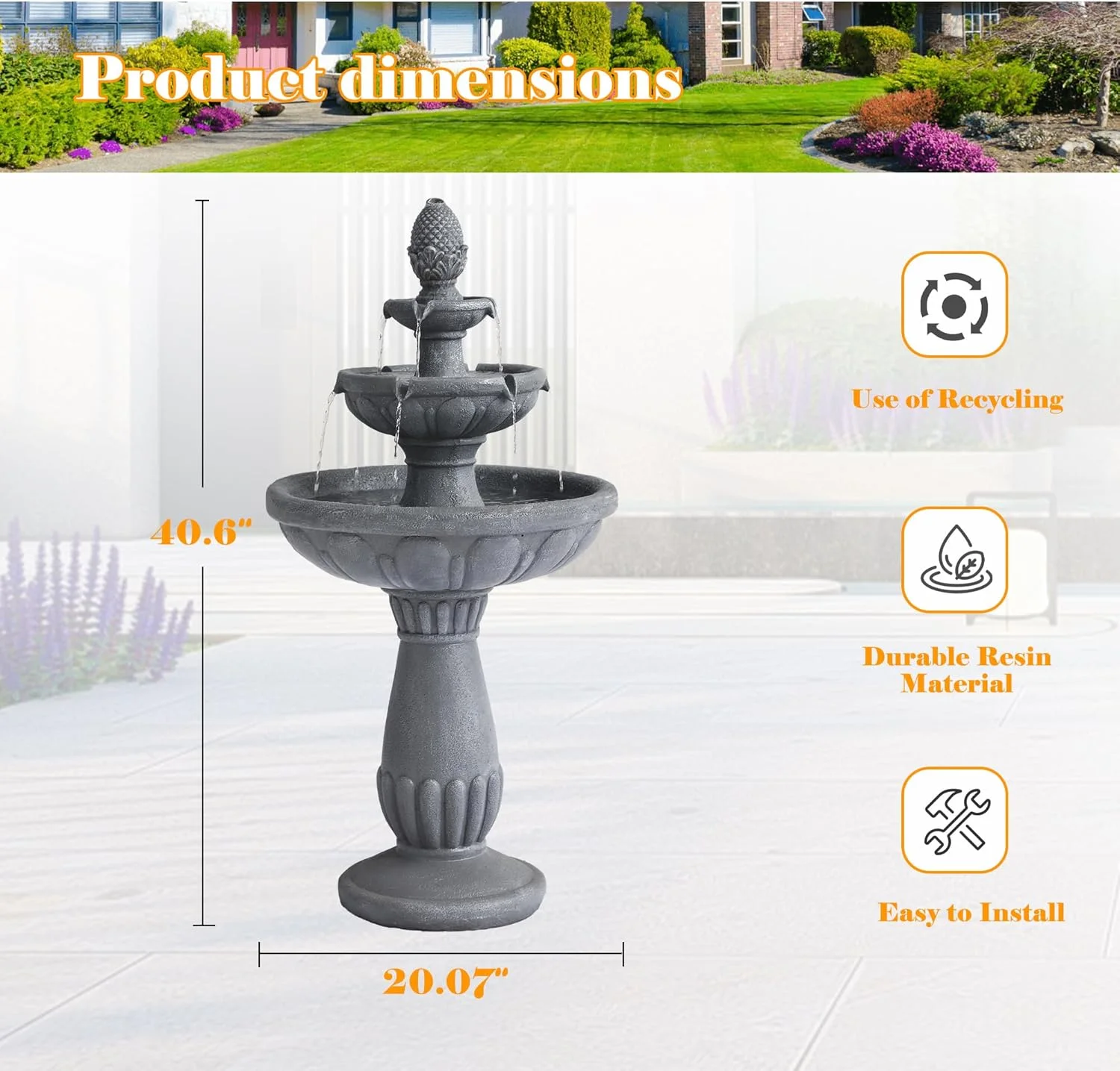 Haverchair 40.6" High Large Italian Outdoor Water Fountain, 3-Tier Standing Bubbler Waterfalls Fountain with Pineapple Top and Roman Pillar, Resin Garden Water Fountains for Bird Bath Patio Yard Deck