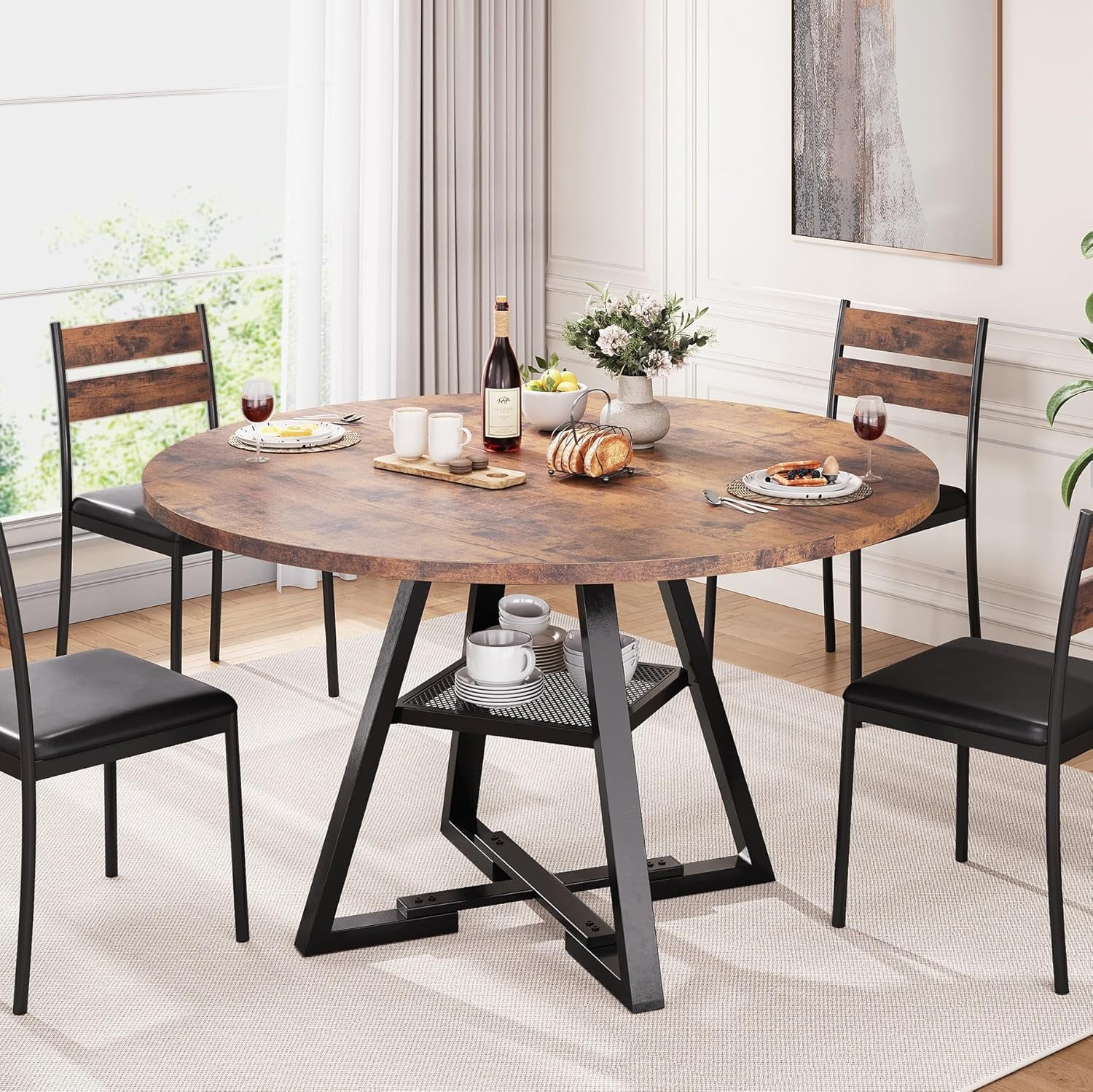 Cocosity 47 inch Wood Kitchen Table for 4, Round Dining Table with Storage Shelf for Home Dining Room Living Room Brown