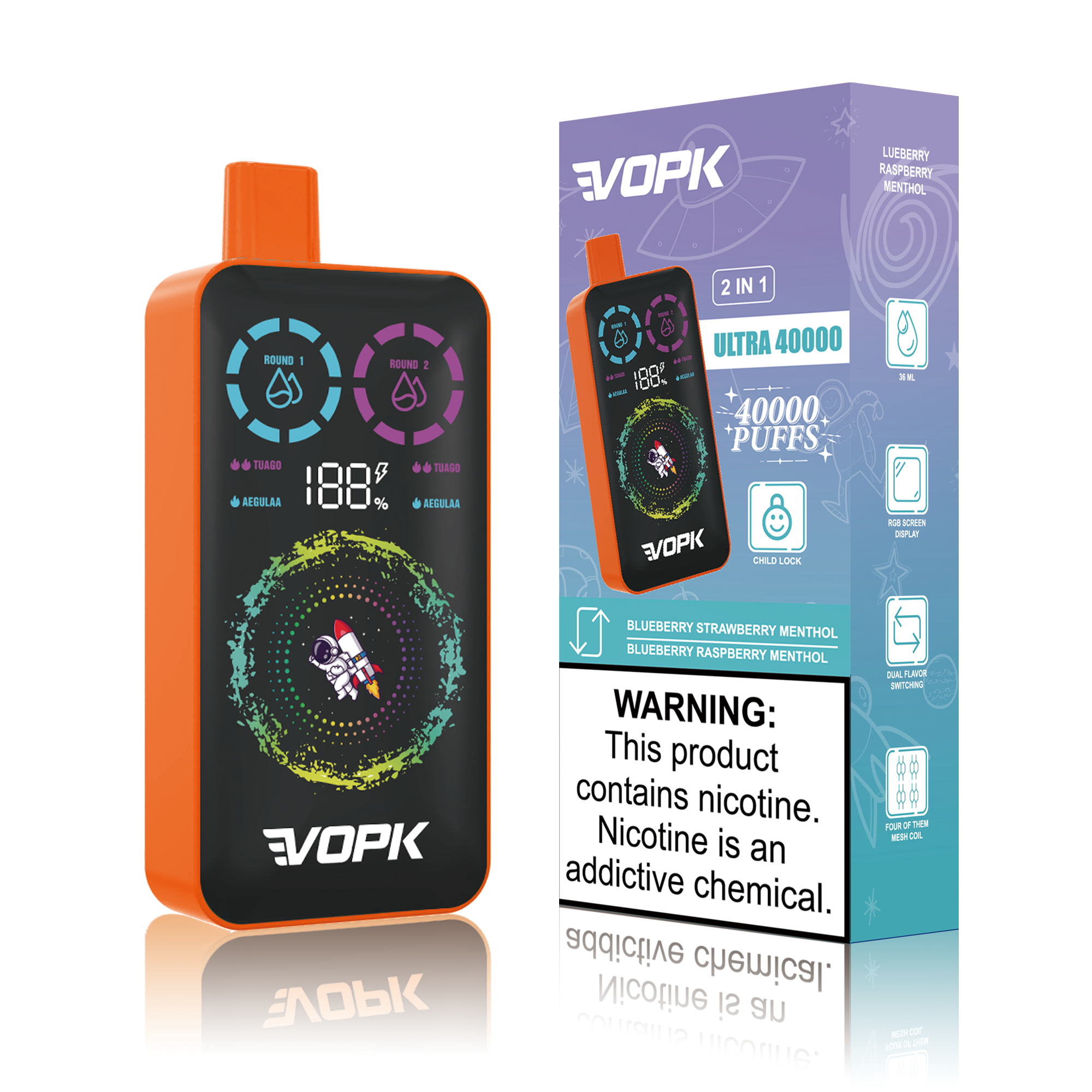 VOPK 40K PUFFS-BLUEBERRY RASPBERRY MENTHOL&BLUEBERRY STRAWBERRY MENTHOL