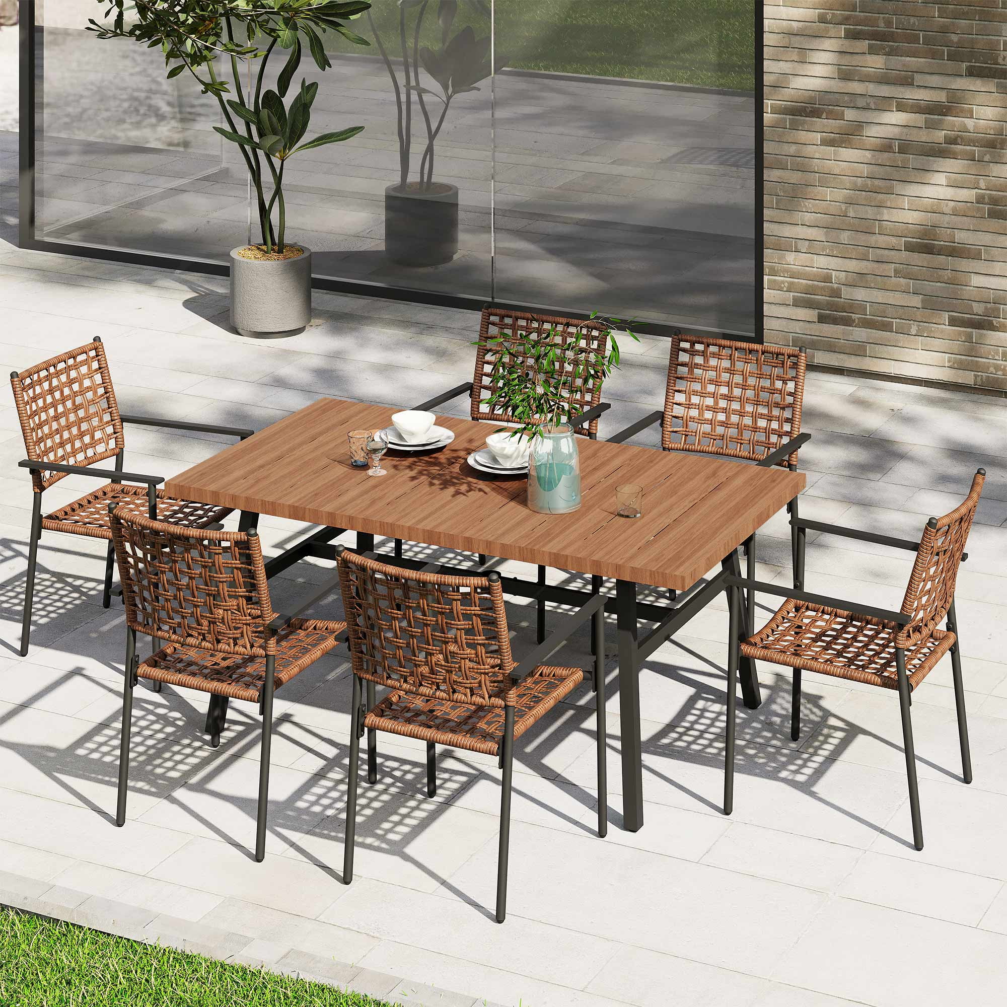 LAUSAINT HOME 7-Piece Outdoor Patio Dining Set, Rattan Chair and Wood-Grain Table, All-Weather Furniture for Garden or Backyard