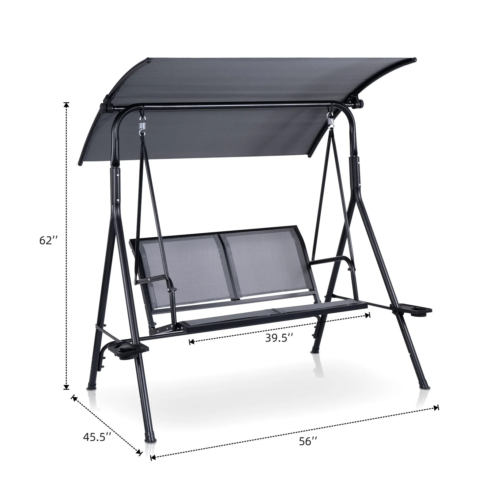 2 Person Patio Swing with Grey Sling Fabric and Black Metal Frame - 450 lbs Weight Capacity