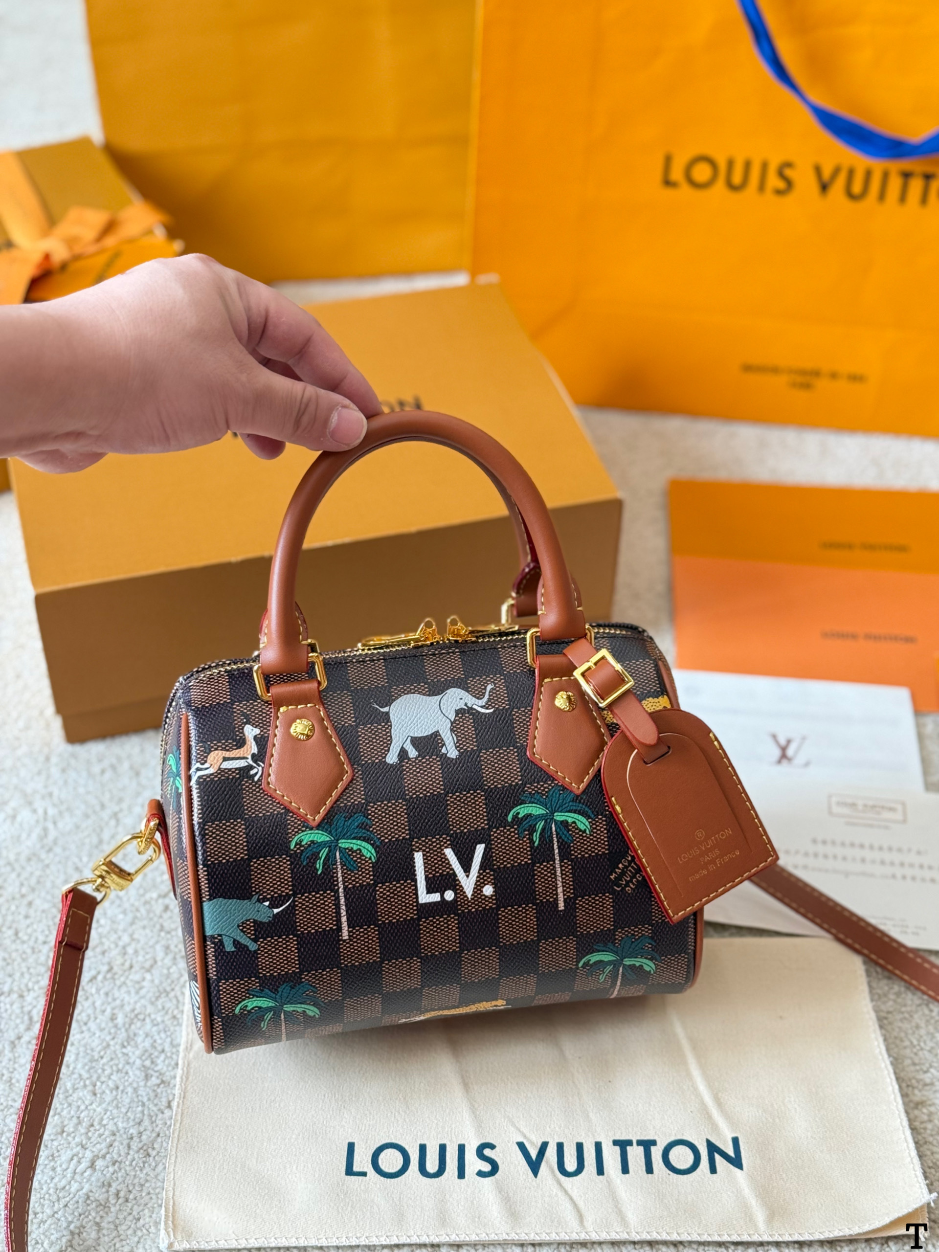 LV Speedy 20/30 Damier Ebene Safari Jungle Animal Printed Boston Top Handle Bag