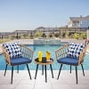 Outdoor Bistro Sets, 3 Piece Natural Color Wicker Chairs Set, Cushioned Patio Conversation Chairs Sets with 2 Armchairs and Tempered Glass Coffee Table, for Yard, Deck, Poolside, D7829