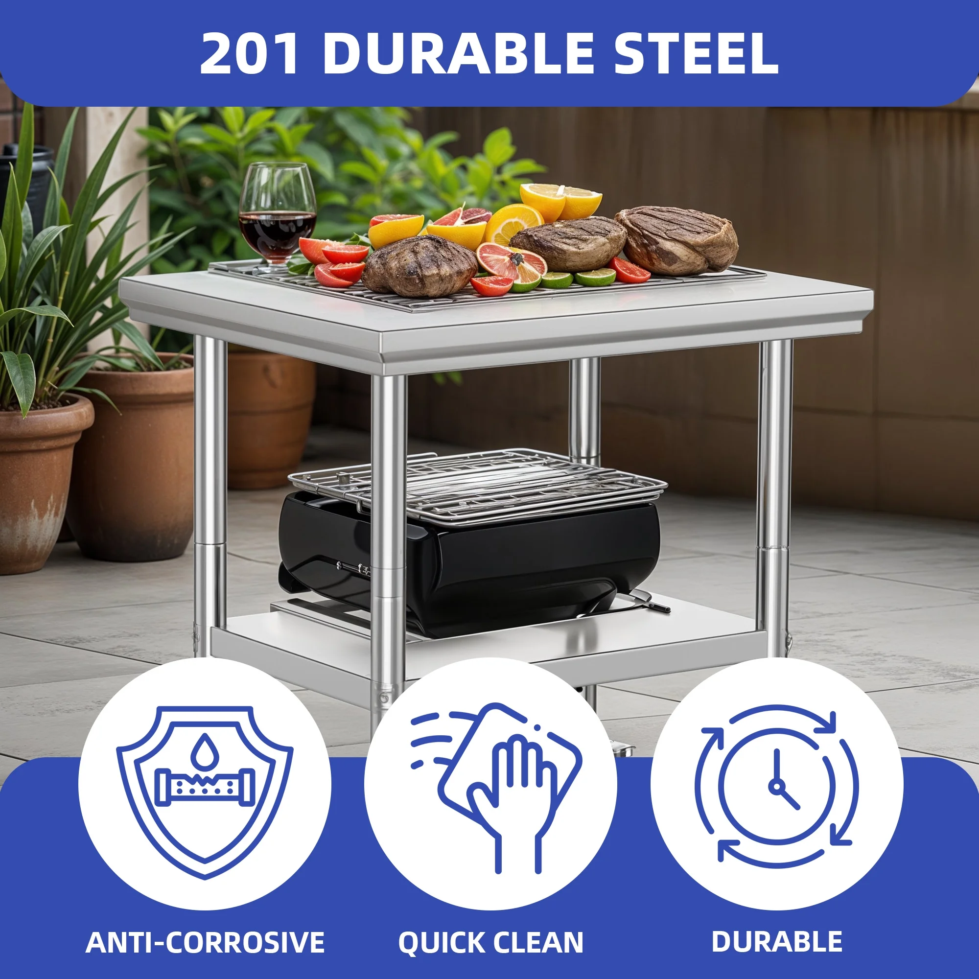 ModFusion Nsf Stainless Steel Table with Lockable Wheels, 30" x 24" Metal Work Table with Adjustable Undershelf, Rolling Workstations, 2.5x2 ft, Kitchen Cart, Portable