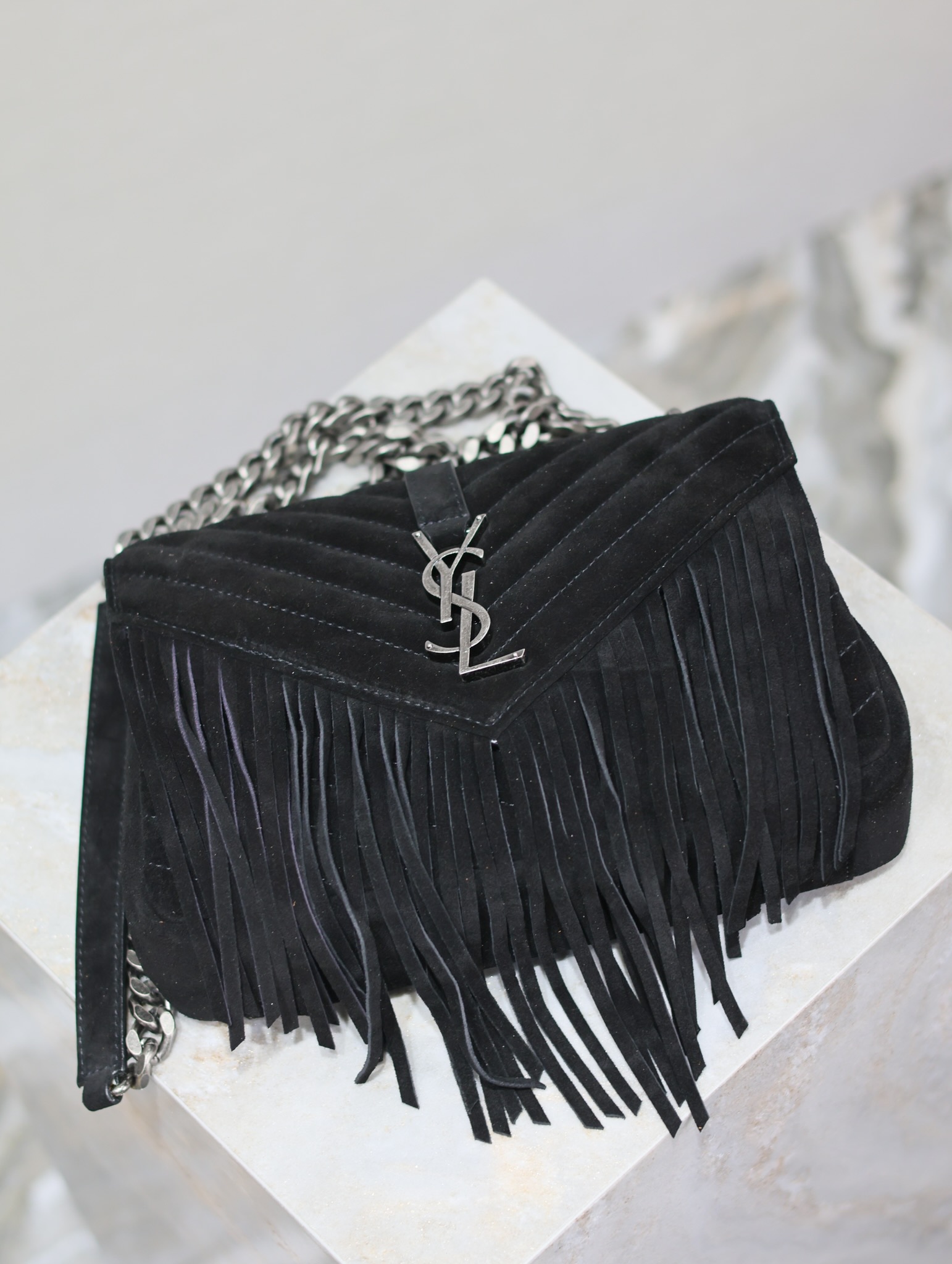 YSL Black Fringe College Matelassé Suede Chevron Quilted YSL Silver Logo Top Handle Bag