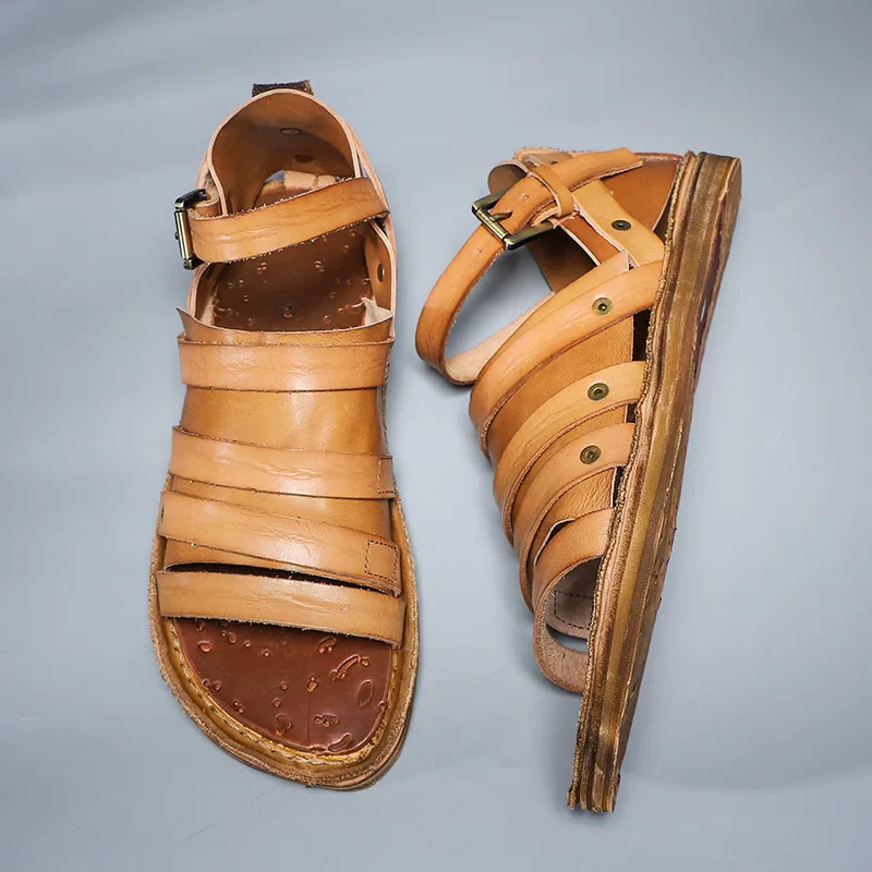 Original handmade vegetable tanned leather woven sandals