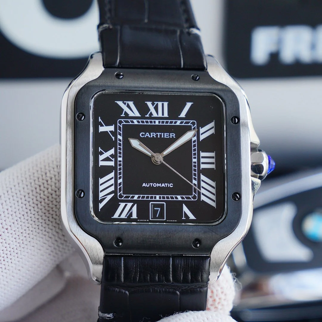 Cartier Watch SANTOS 40MM STAINLESS STEEL BLACK BEZEL LEATHER STRAP
