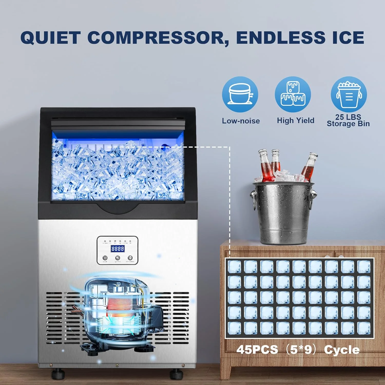 Ice Maker,110LBS/24H Commercial Ice Machine Stainless Steel Ice Maker Machine with 25LBS Capacity,45 Ice Cubes in 12-15 Minutes,Self-Cleaning,Ideal for Restaurant,Bars,Home,Includes Scoop