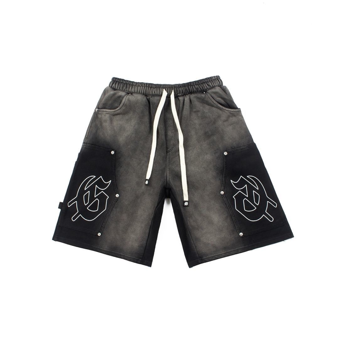Washed-letter-printed short pants, five-pocket style
