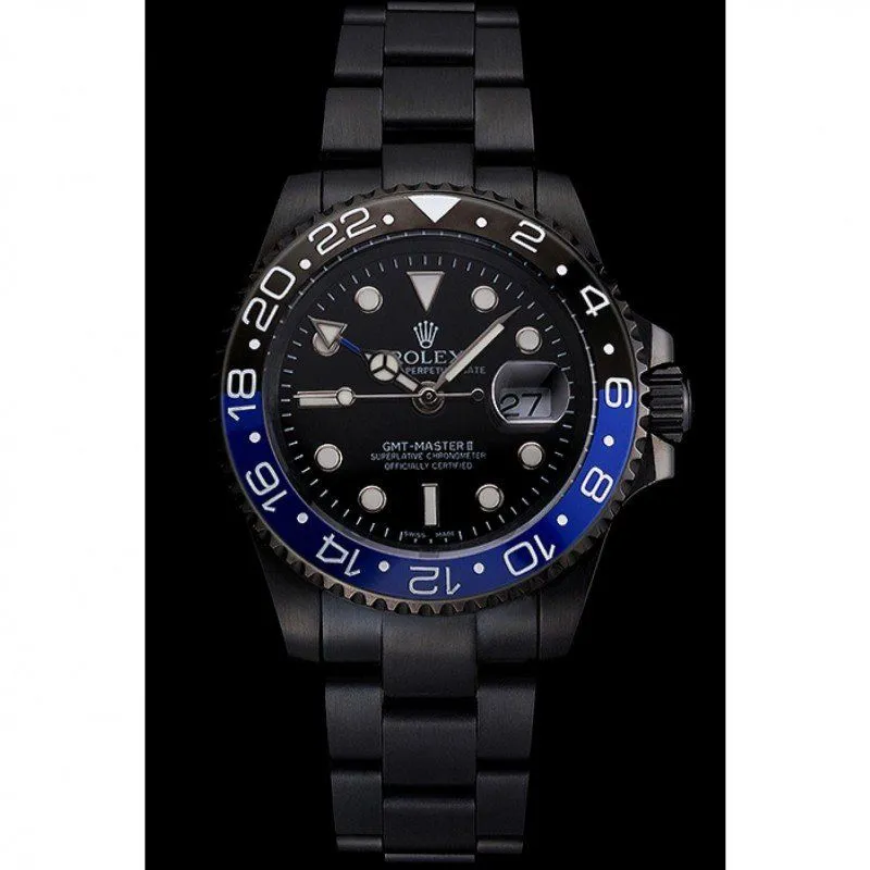Swiss Rolex GMT Master II Black Dial Blue And Black Bezel Black PVD Case And Bracelet PR18239