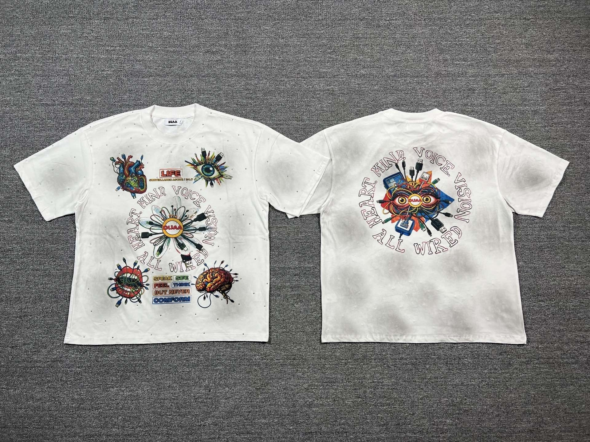 White ink direct spray with rhinestone embellishment, washed-out effect short-sleeved T-shirt