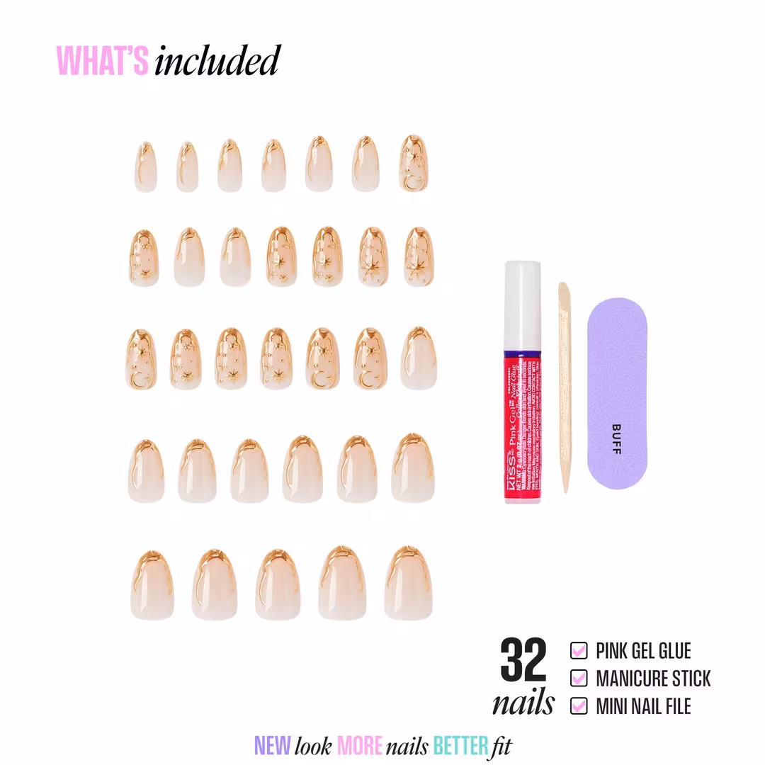 Kiss  Glam Jeweled Medium Almond Press On Nails, Golden