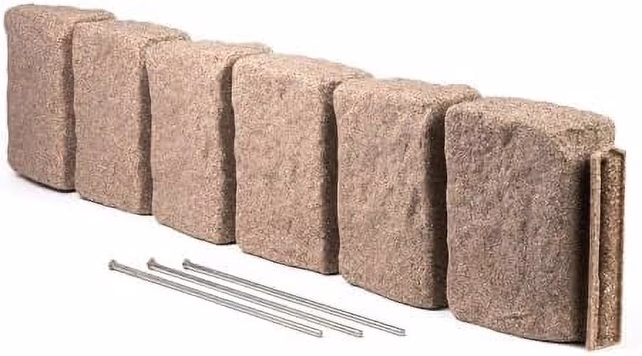 Beuta Landscape Edging | Garden Edging Border | Faux Stone Block XL for Lawn Edging, Flower Beds & Yard Edging C 1 Pack | Each Section Has 6 Blocks 48" L x 4" W x 9.5" H | 3 Spikes | Sandstone