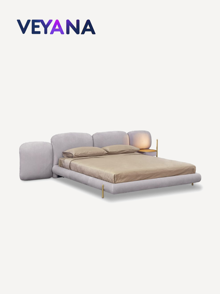 Italian minimalism, stone fabric bed, modern light luxury, four side package master bedroom double bed, brass metal feet, cream style