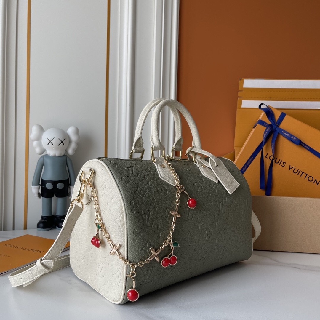 LV Speedy 30 Sage&Cream Split Panel Monogram Embossed Leather Cherry Charm Boston Top Handle Bag