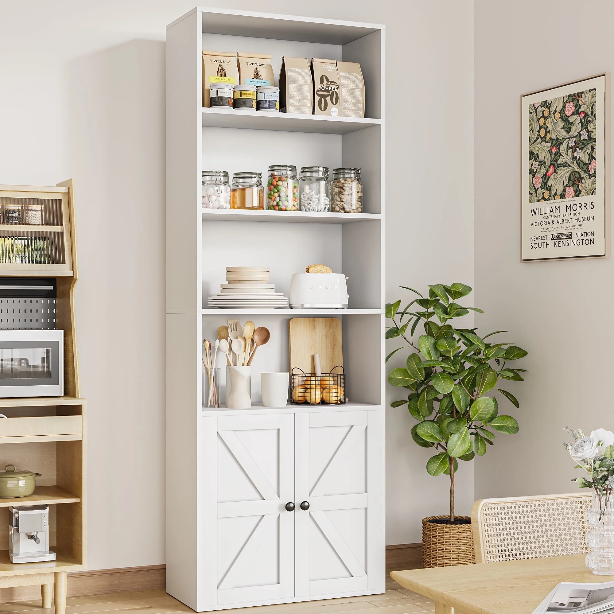 Furmax 1 Piece 4-Shelf Farmhouse Bookcases 4-Tier Bookshelf with Adjustable Shelves&Doors,Storage Cabinet for Home Living room,Kitchen,Office,White