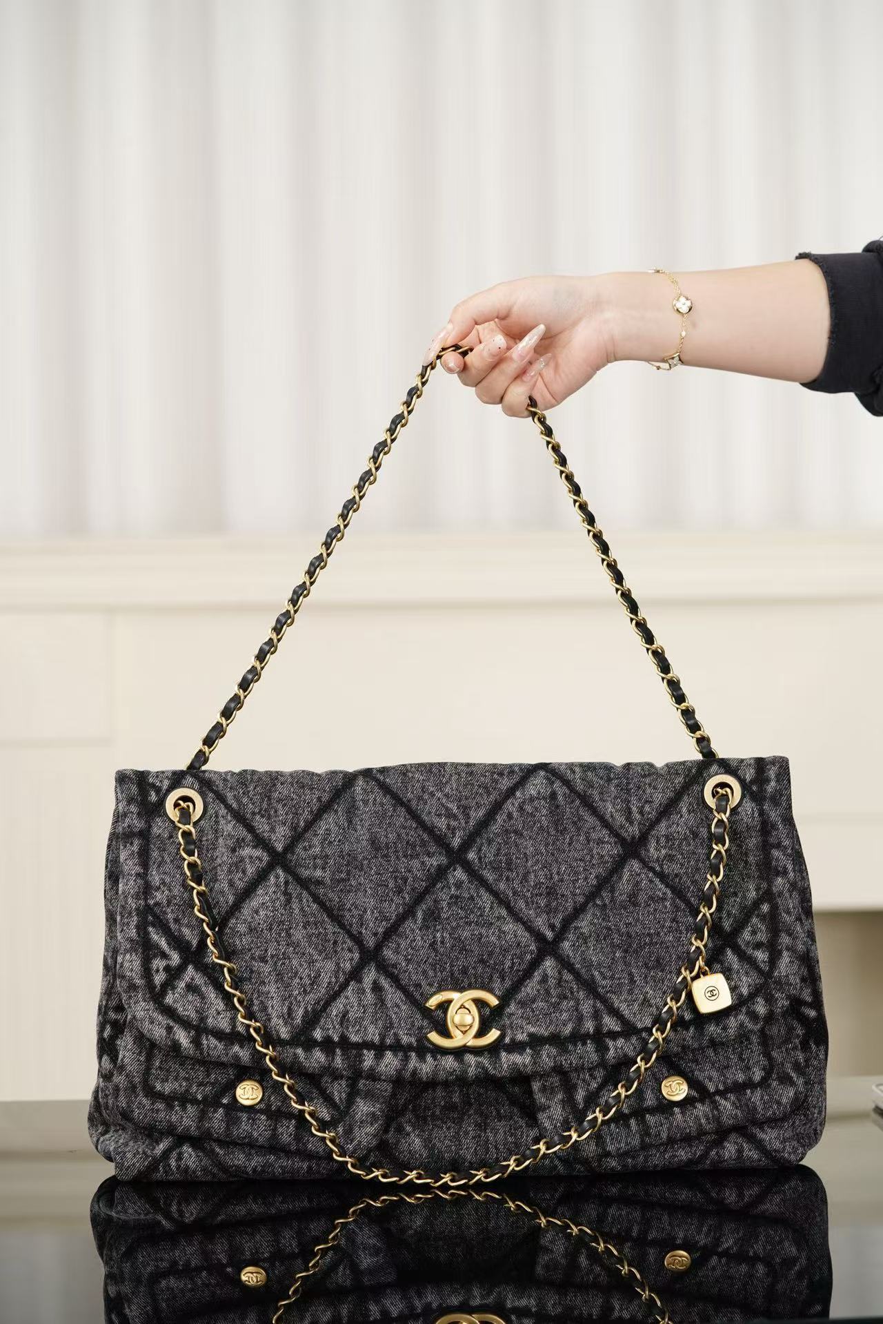 Chanel 25k Double Pocket Cowboy Hobo Black Handbag