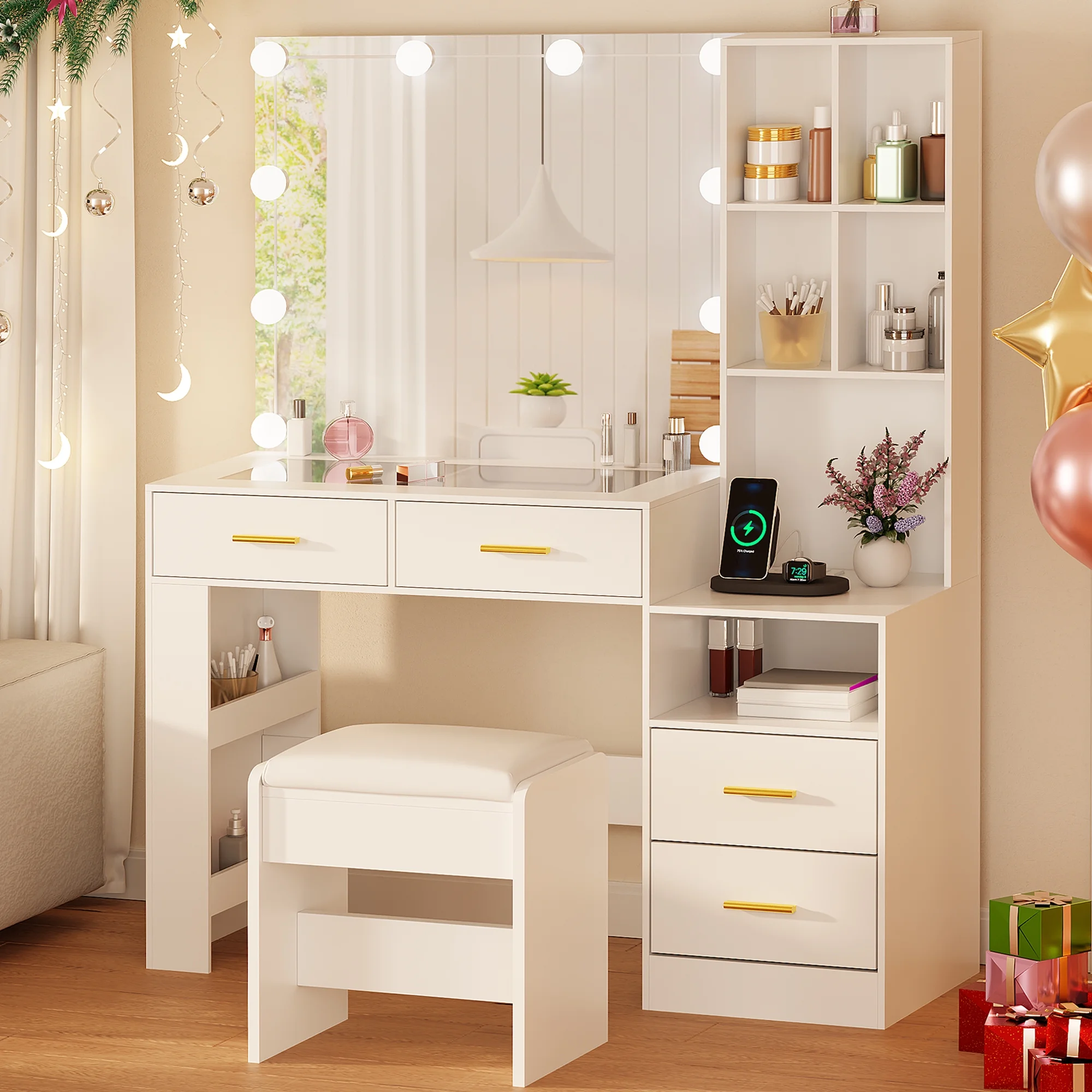 BEWISHOME White Vanity Desk with Mirror and Lights, Makeup Vanity Set with Charging Station, Large Dressing Table with Charging Station,4 Drawers