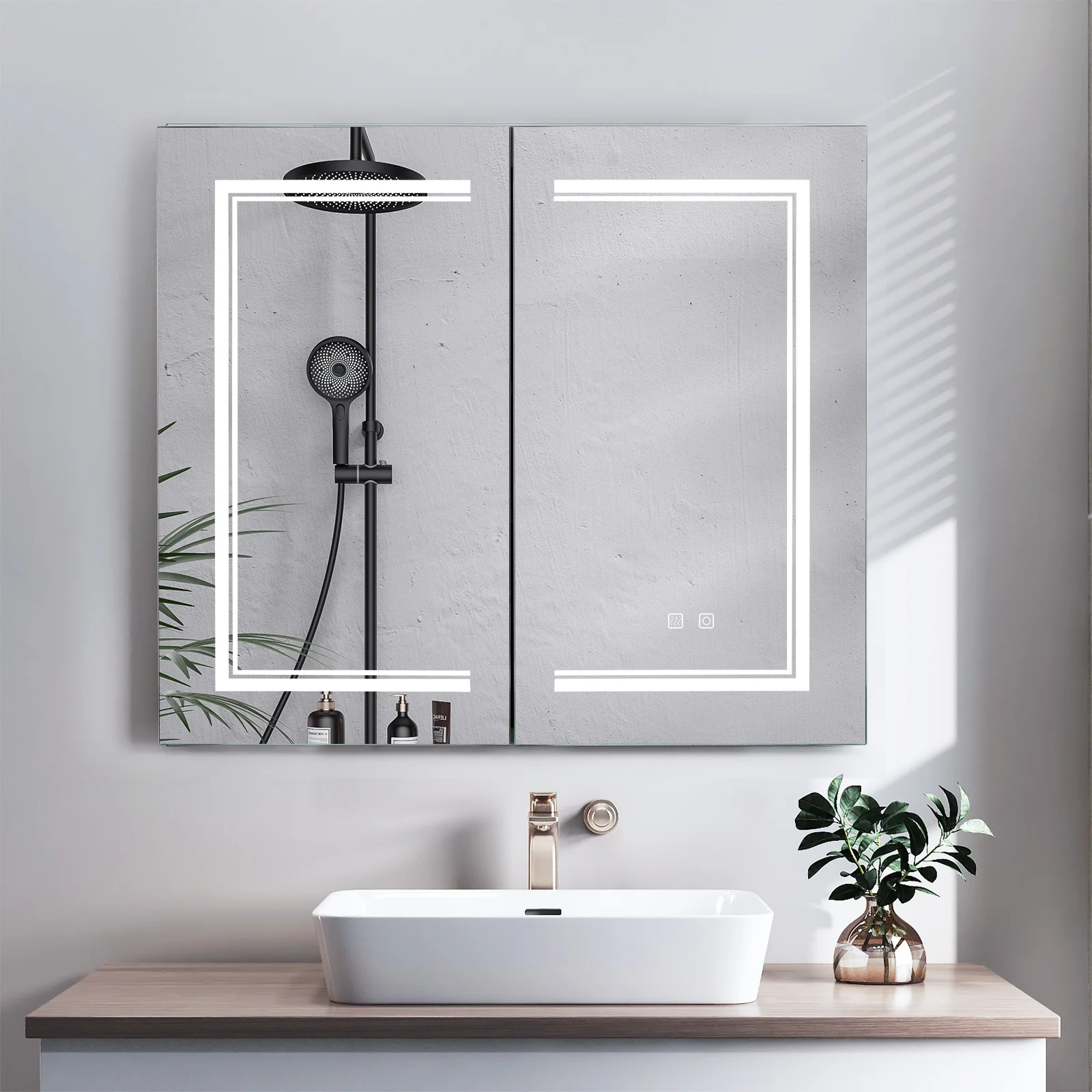 Ktaxon LED Lighted Medicine Cabinet with Mirror Bathroom Wall Cabinet w/ Defogger, Dimmable, Memory function, Outlets & USB, 32"x28", Black