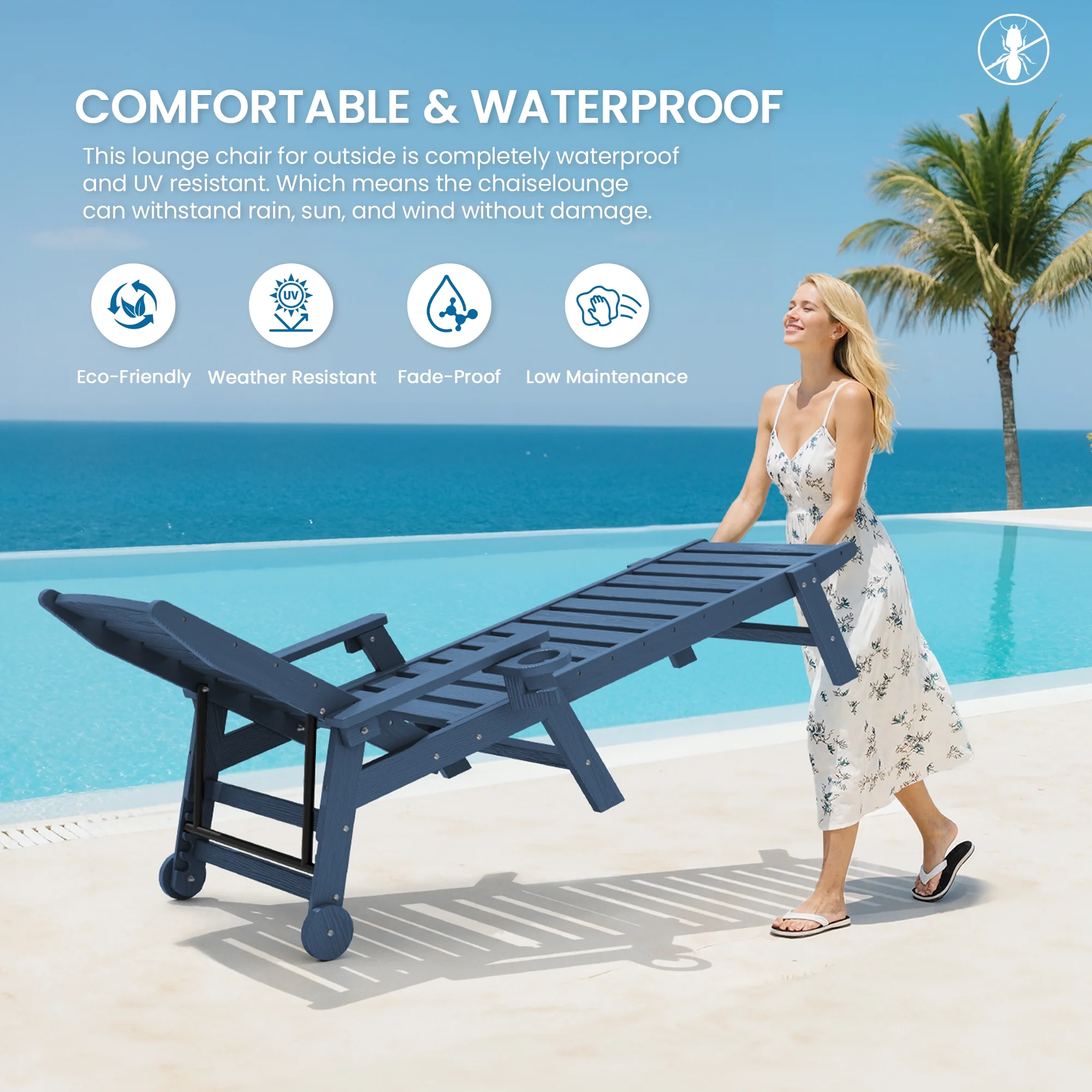 SERWALL Patio Chaise Lounge Chair, 78'' HDPE Outdoor Lounge Chair 5 Positions Pool Lounger Navy Blue