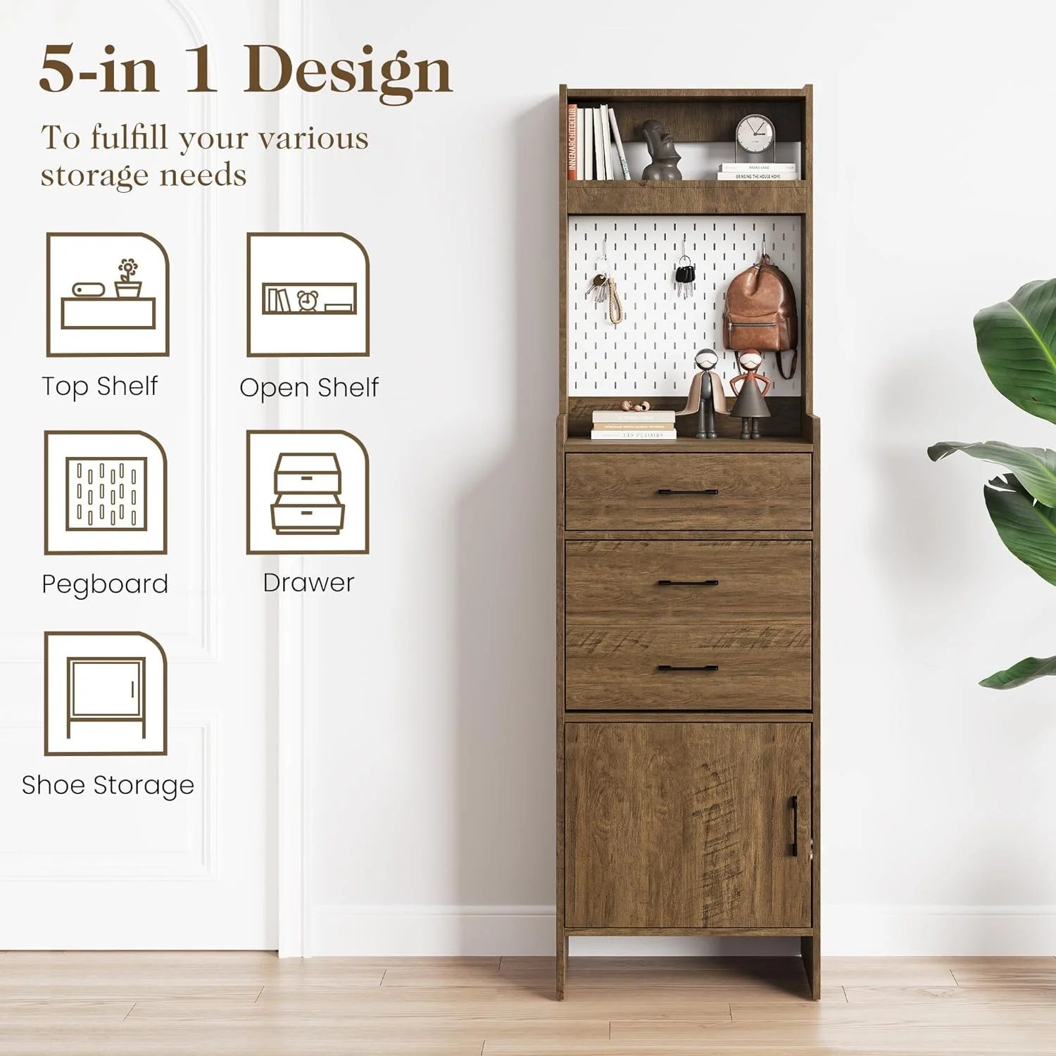Royalcraft 5-in-1 Shoe Cabinet with Flip Drawer, Entryway Shoe Storage with Pegboard, Adjustable Shelf, Wood Entryway Cabinet, Brown
